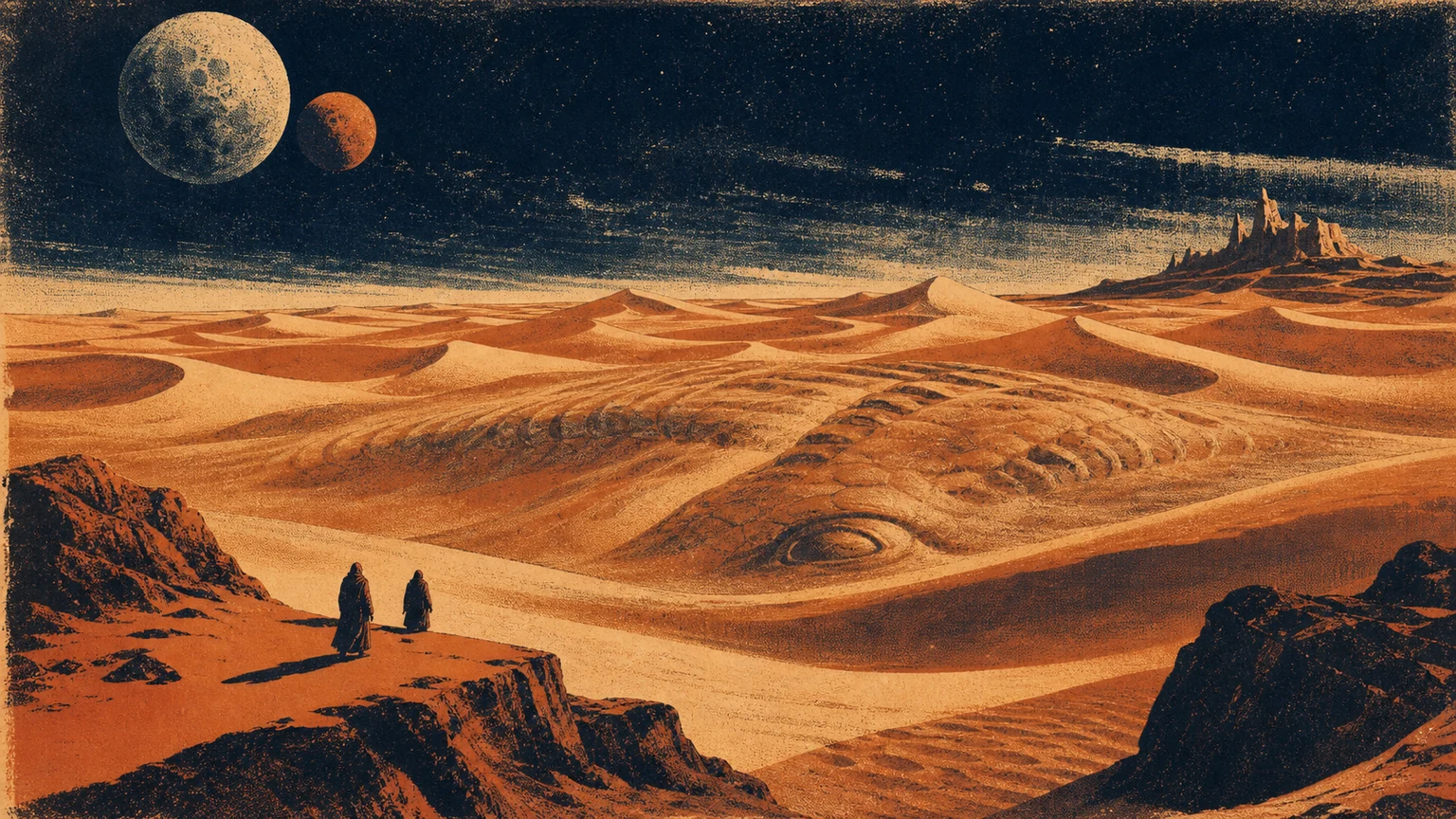 Vintage science-fiction editorial illustration of a vast desert planet with tiny travelers crossing wind-shaped dunes beneath two distant moons, with no text, logos, or recognizable characters.