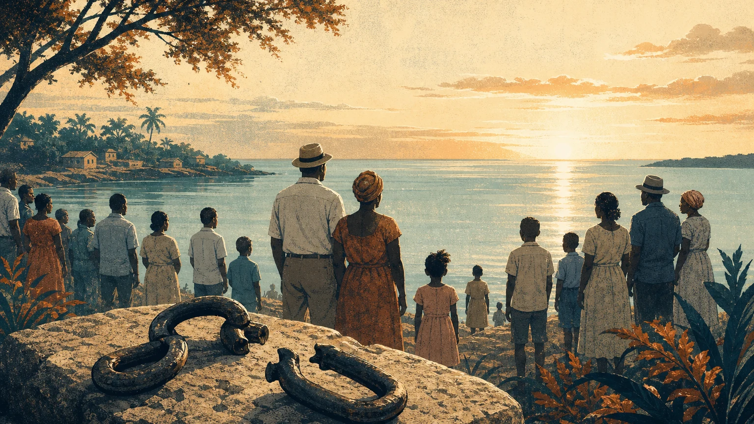 Restrained illustrated dawn gathering at a Caribbean waterfront with families, broken iron links placed on stone, and no readable text or flags.