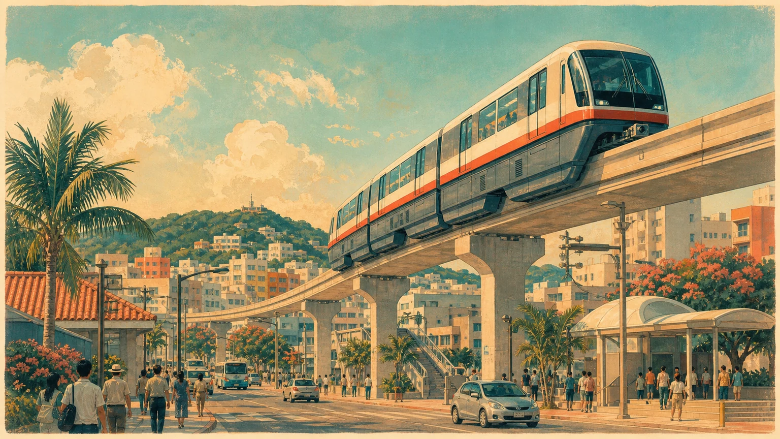 A modern monorail crosses above a Naha streetscape in warm island light, with palms and low hills beyond the track.