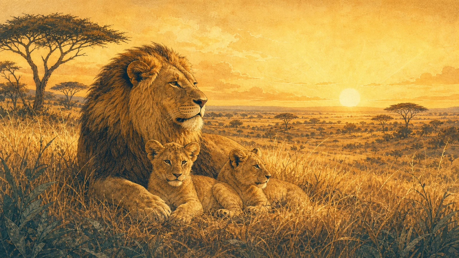 Painterly illustration of a lion and two cubs resting in tall golden savanna grass at dawn.