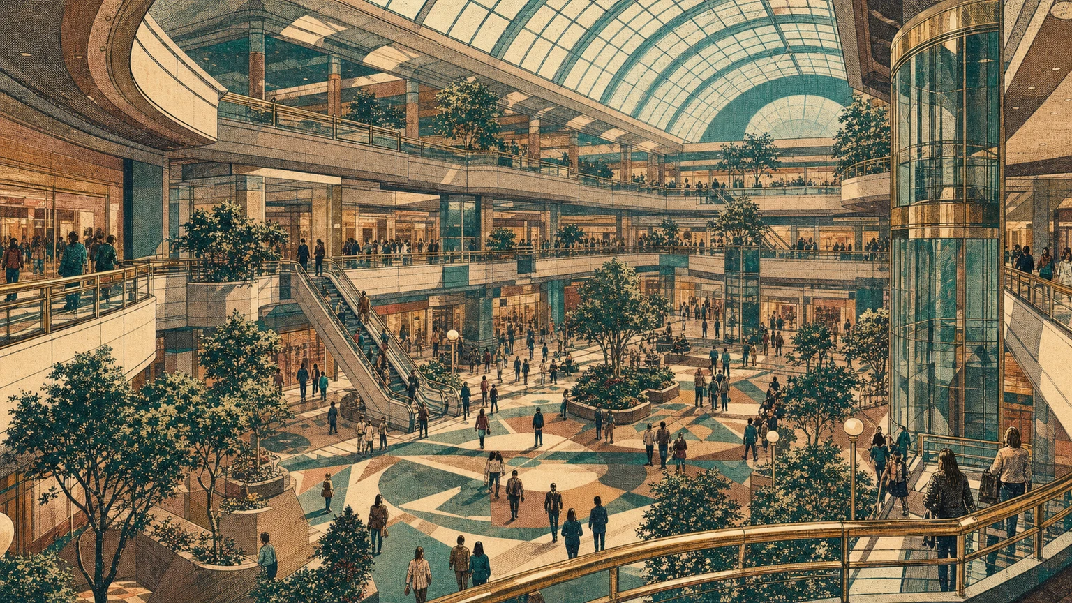 Early-1990s editorial illustration of a vast indoor shopping atrium with skylights, multiple levels, shoppers, and indoor trees.