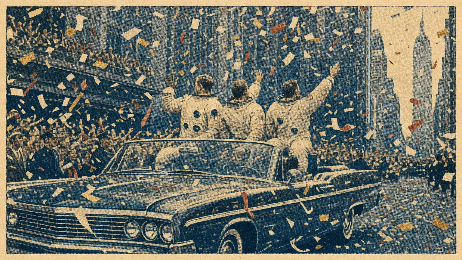 Vintage illustration of the Apollo 11 astronauts waving from an open car beneath falling ticker tape in New York.
