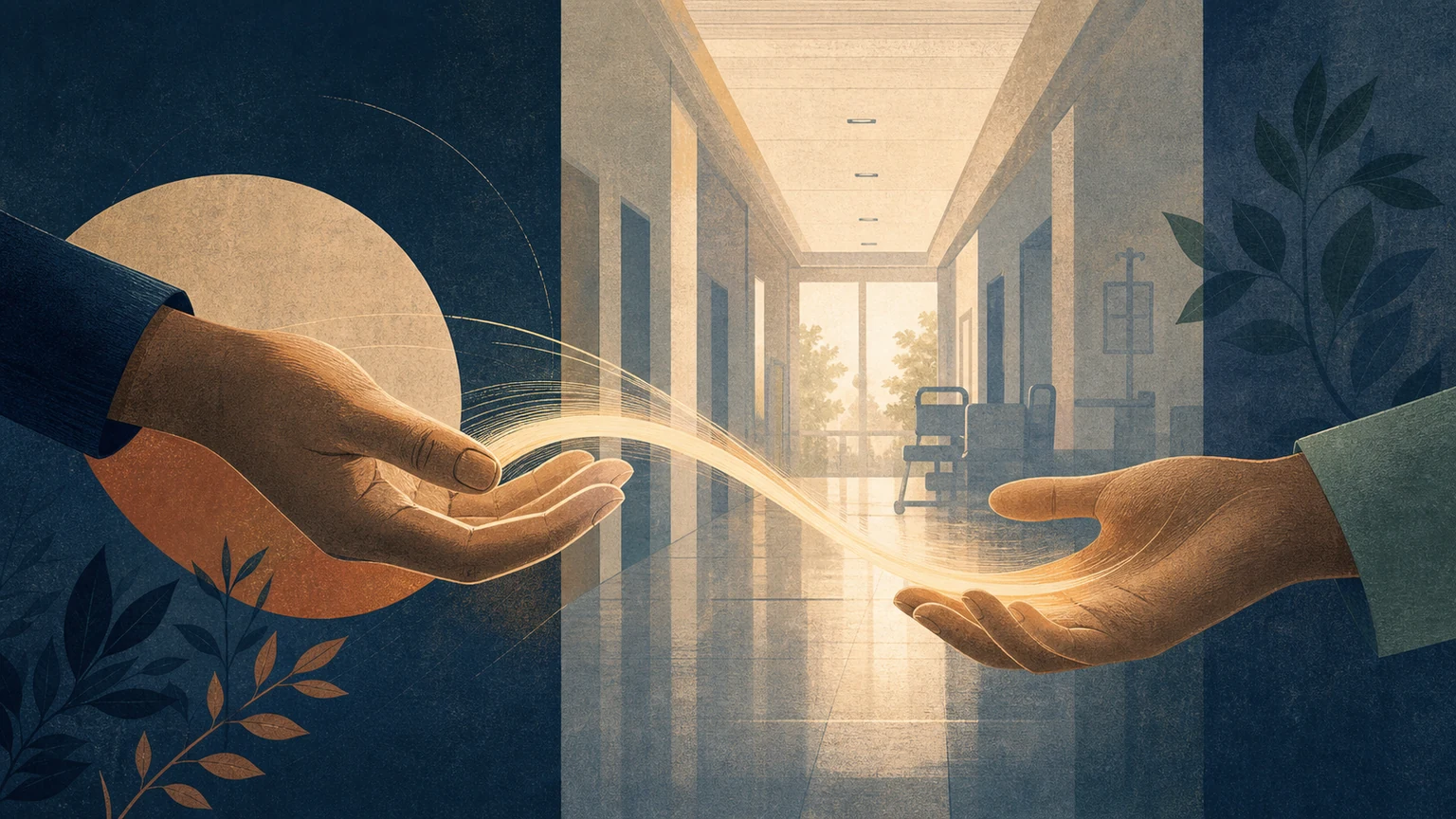 Restrained illustration of two open hands linked by a warm ribbon of light passing through a hospital corridor.