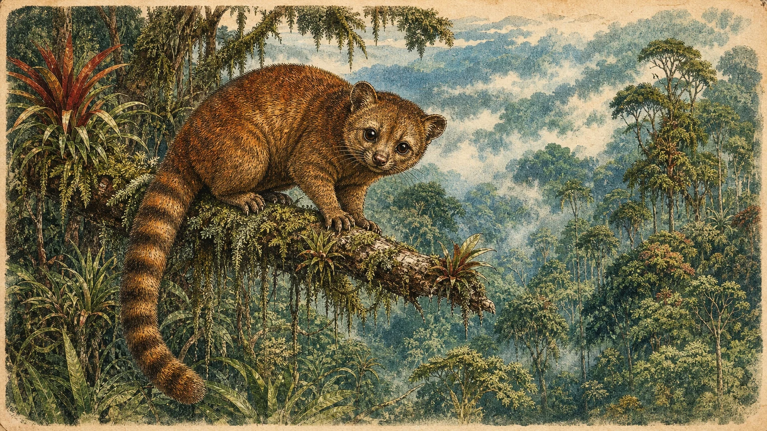 Natural-history illustration of a reddish-brown olinguito perched on a mossy branch in a misty Andean cloud forest.