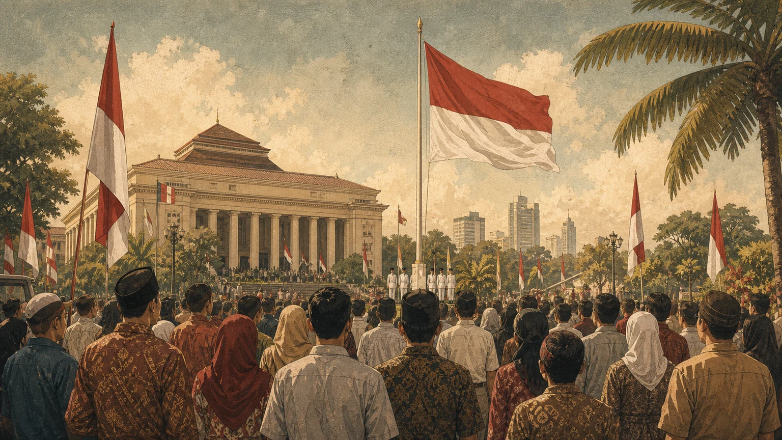 Restrained editorial illustration of an Indonesian civic gathering at morning light, with red and white flags seen from a distance.