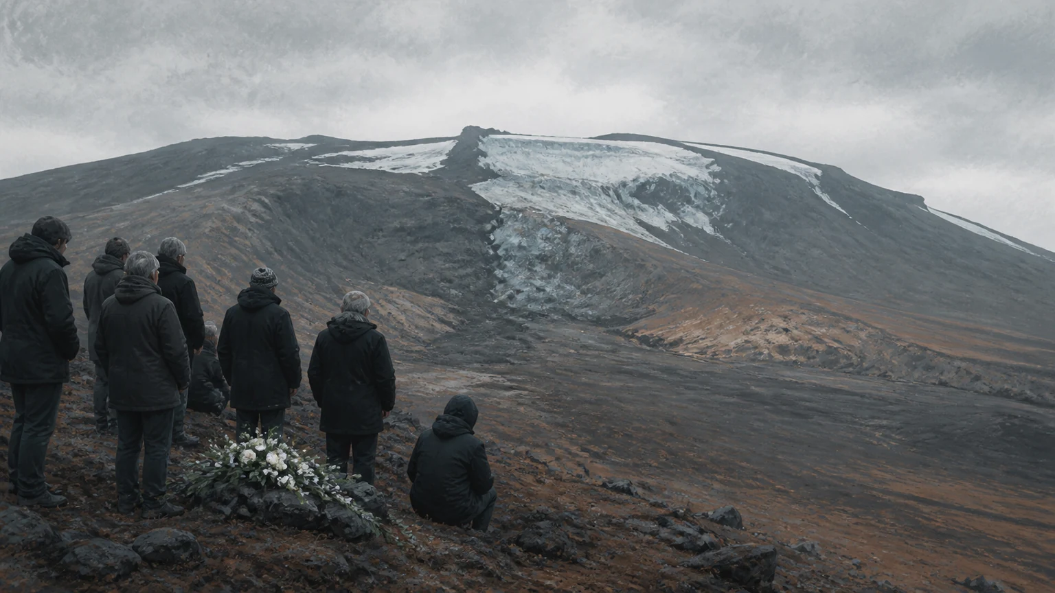 Restrained editorial illustration of people gathered on a sparsely iced Icelandic mountainside beneath a pale sky.