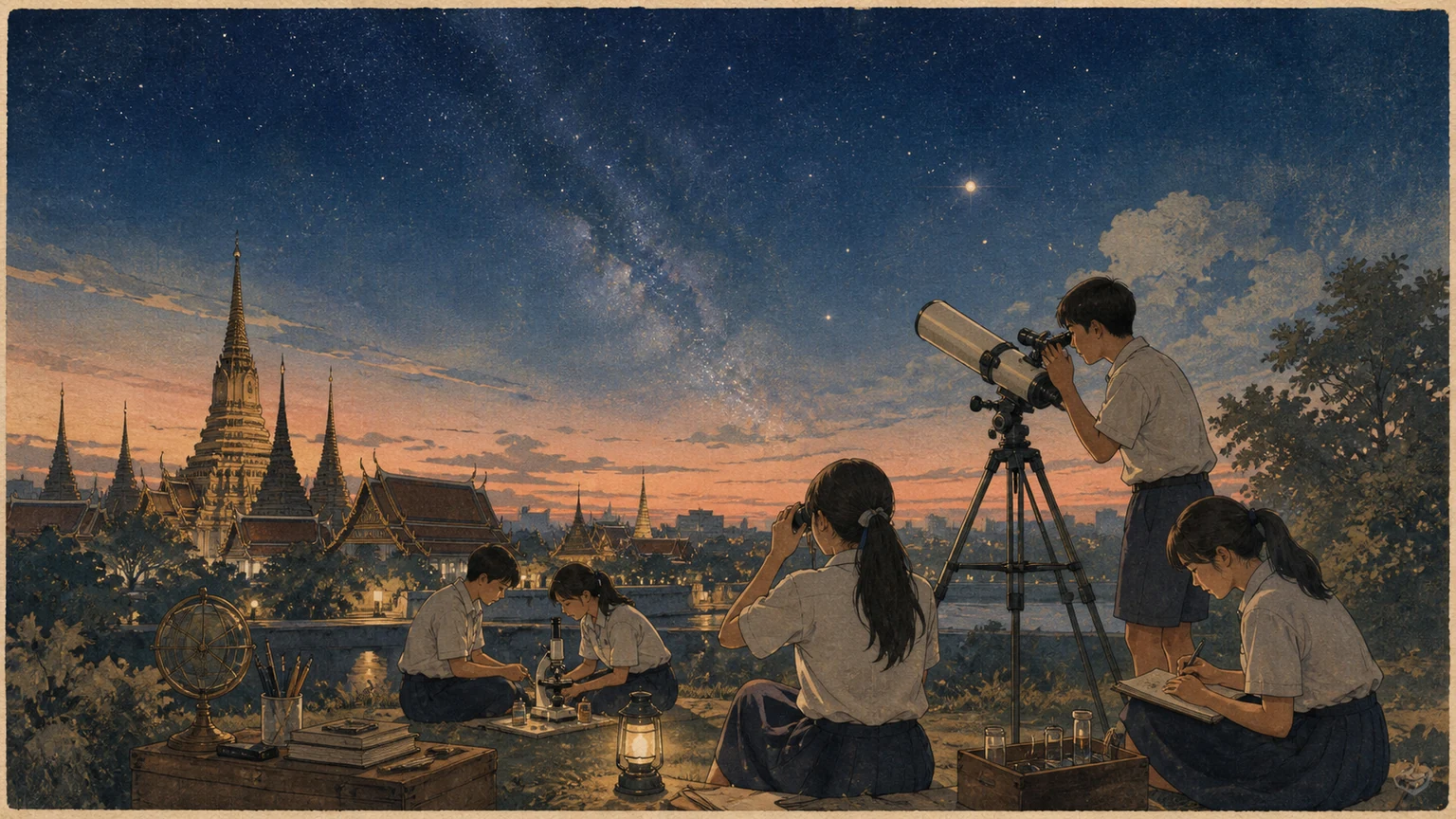 Editorial illustration of Thai students using a telescope and simple scientific instruments beneath a deep blue evening sky.