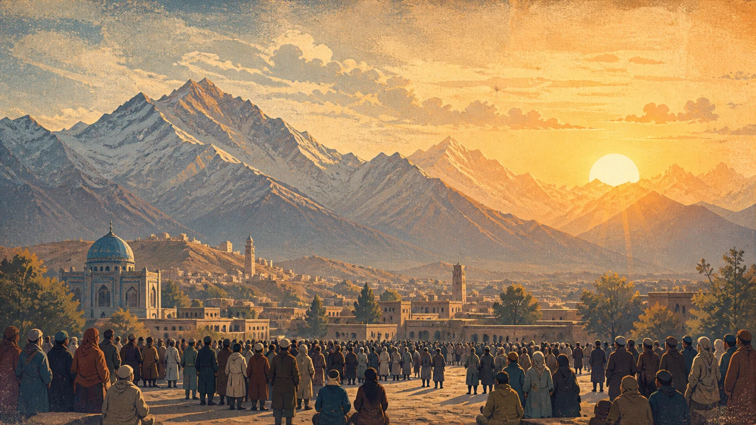 Afghanistan’s mountain horizon rises behind a distant civic gathering in warm dawn light.