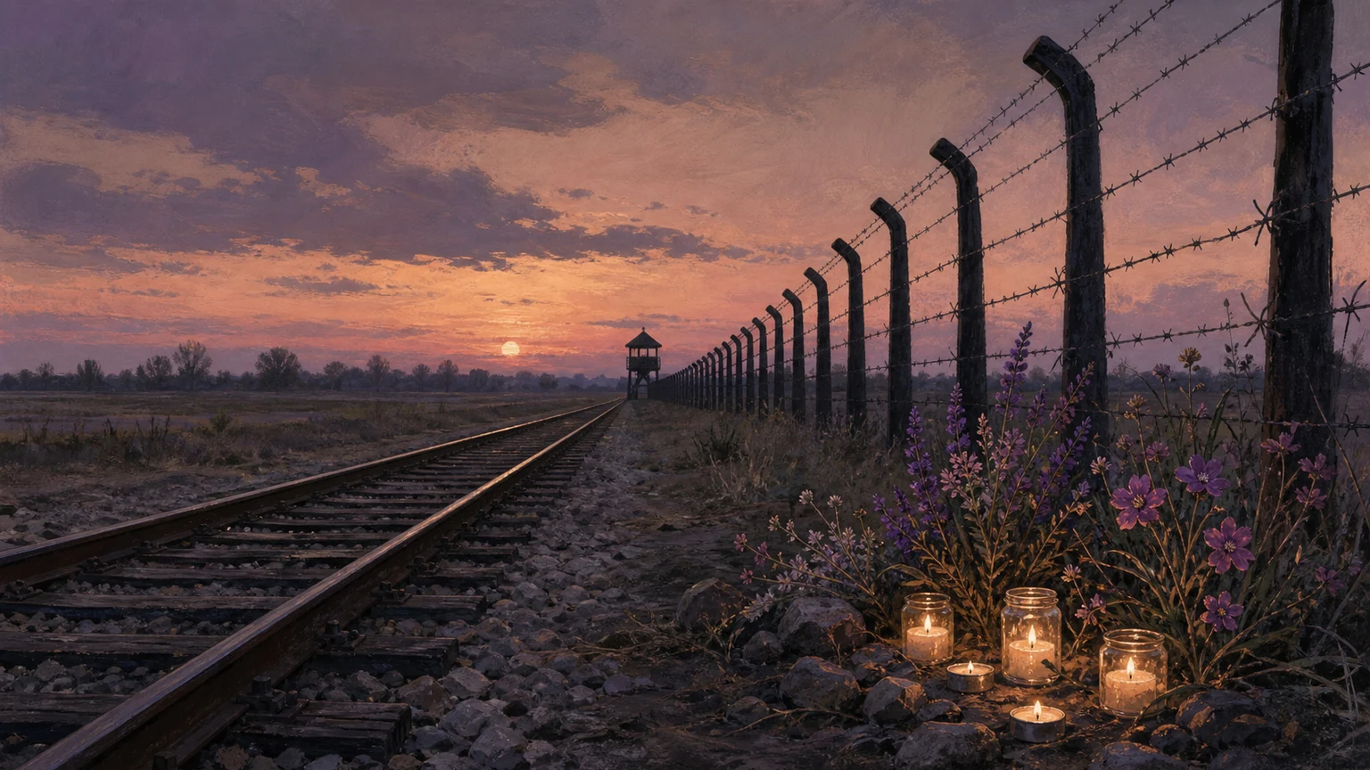 A restrained illustrated memorial at dusk with empty railway tracks, small candles, and purple wildflowers near a darkened camp fence, no people, symbols, or text.