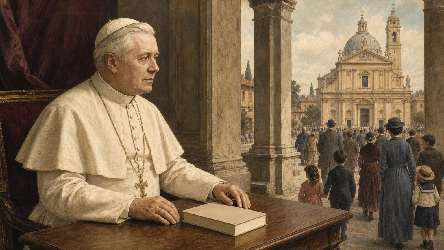 Historical editorial illustration of Pope Pius X seated beside a closed book while families approach a church beyond an open loggia.