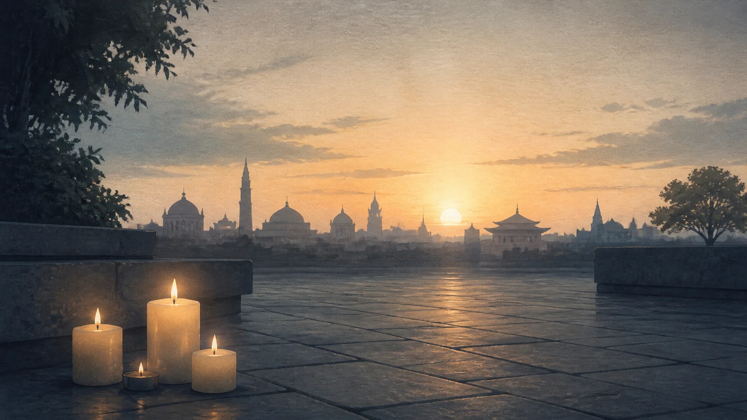 Restrained editorial illustration of an empty memorial square at dawn with simple candles and diverse places of worship suggested on a distant skyline.
