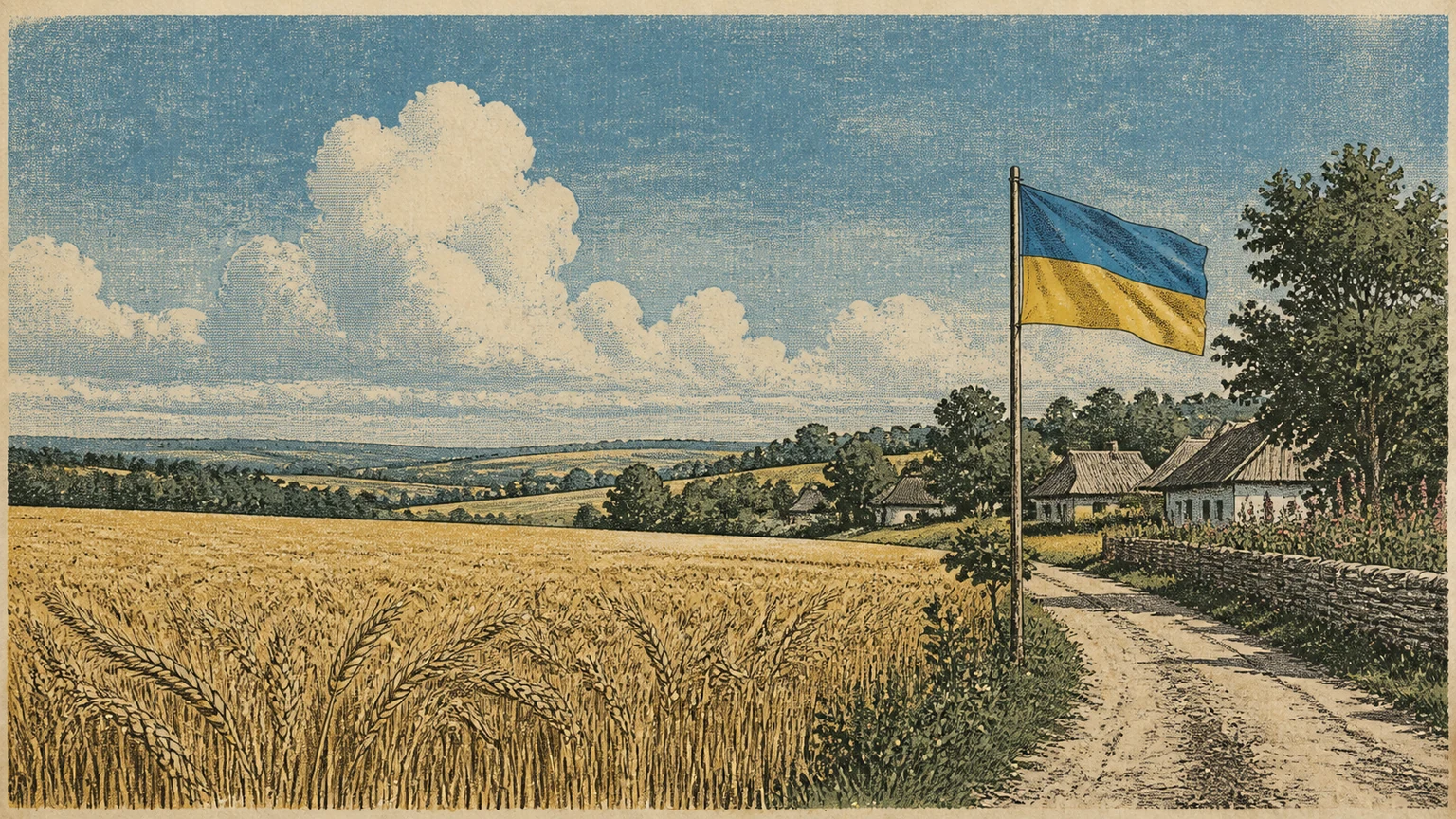 A blue-and-yellow Ukrainian flag above a summer wheat field and village road.