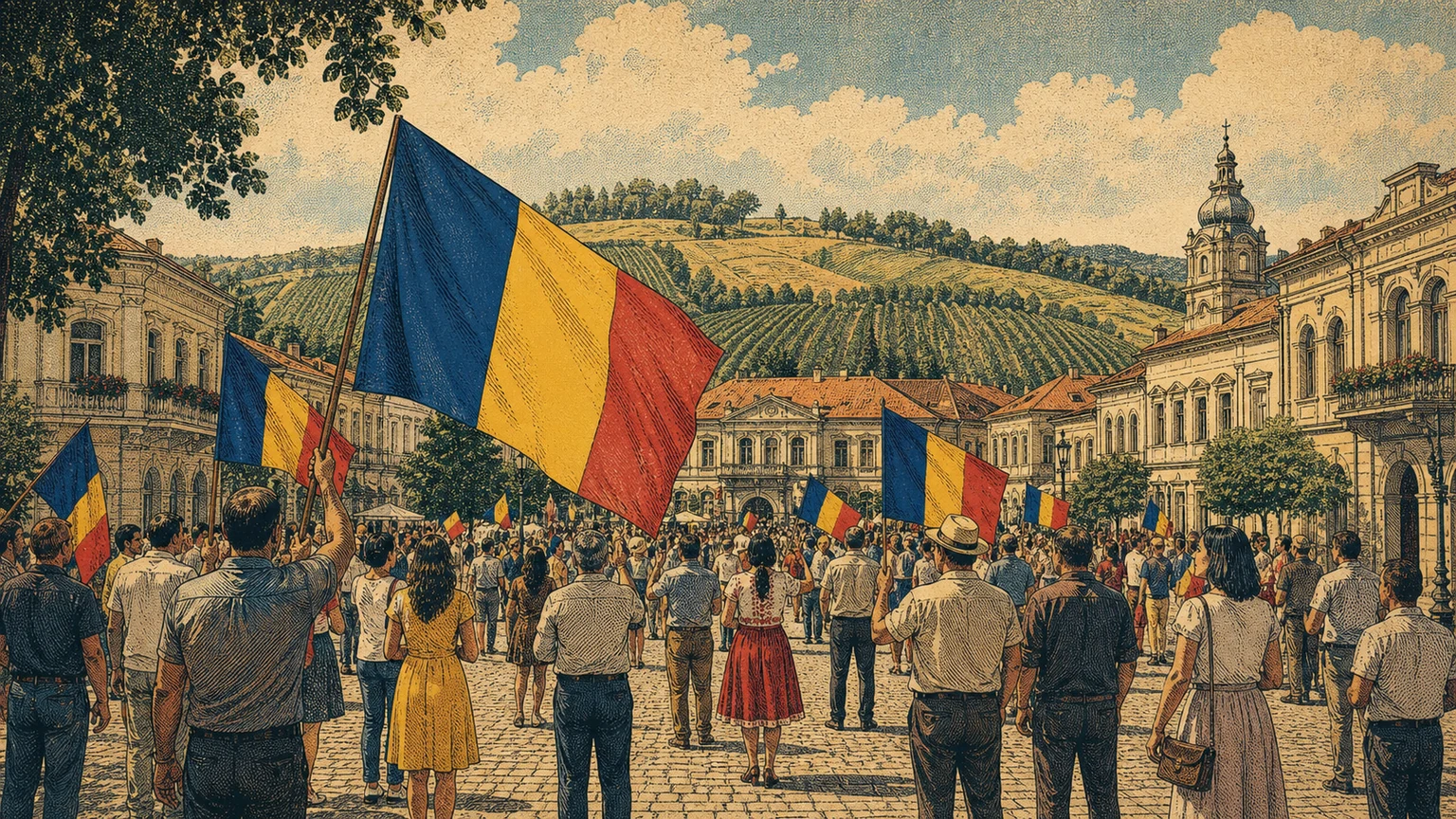 People carrying Moldovan flags across a late-summer town square with vineyard hills beyond.