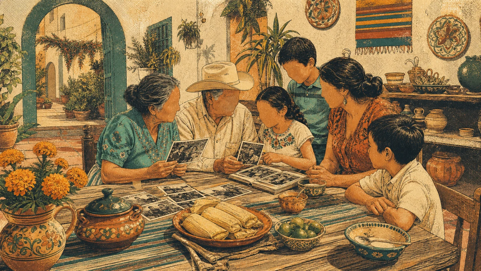 Grandparents and grandchildren sharing photographs around a courtyard kitchen table.