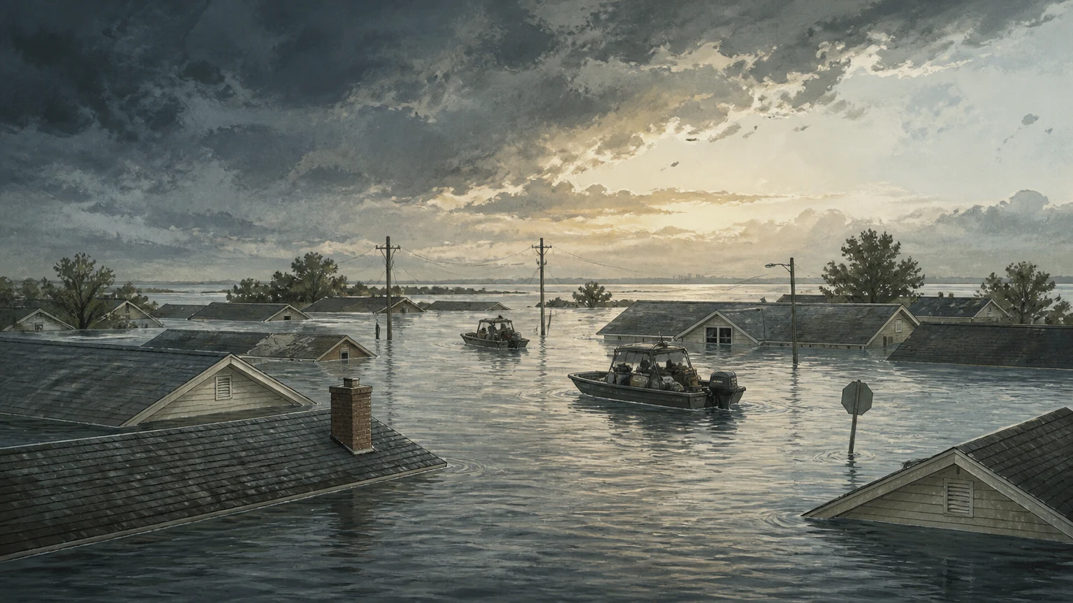 A flooded Gulf Coast neighborhood with rooftops, rescue boats, and a storm sky beginning to clear.