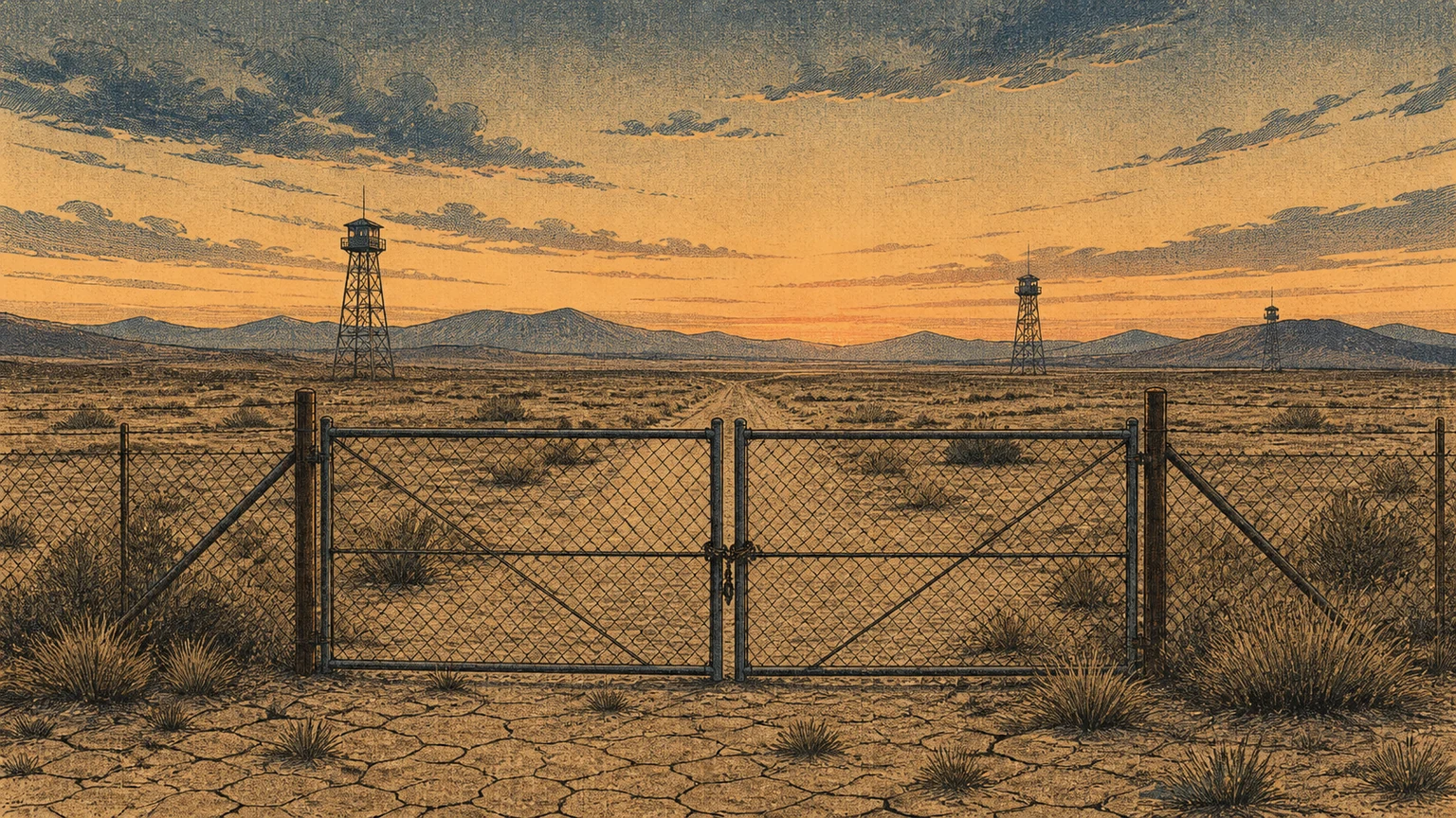 An empty desert test site at dusk with distant towers, a closed gate, and grasses returning.
