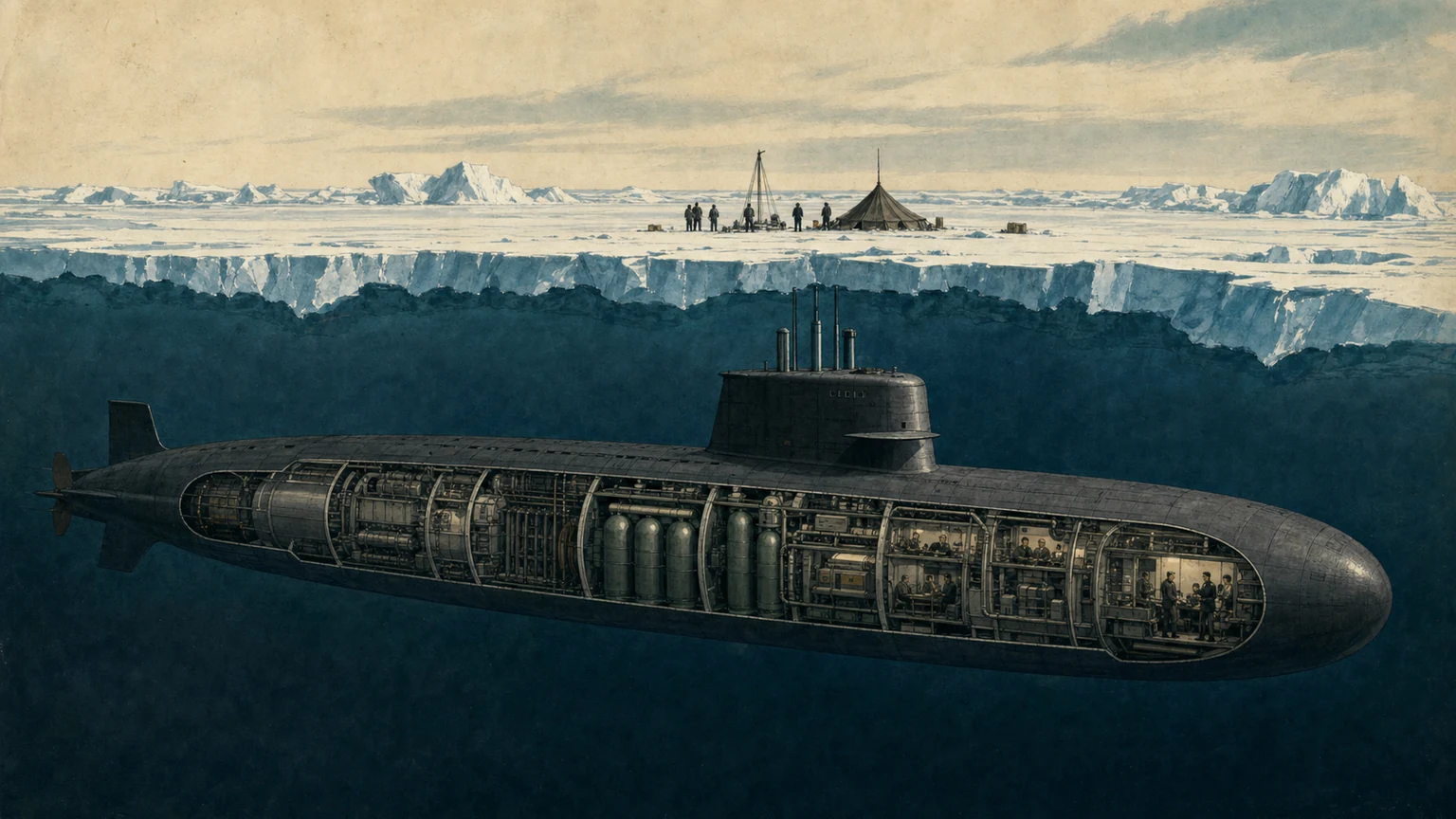Vintage editorial cutaway illustration of a 1950s submarine moving beneath blue-white Arctic ice, with no insignia, labels, or text.