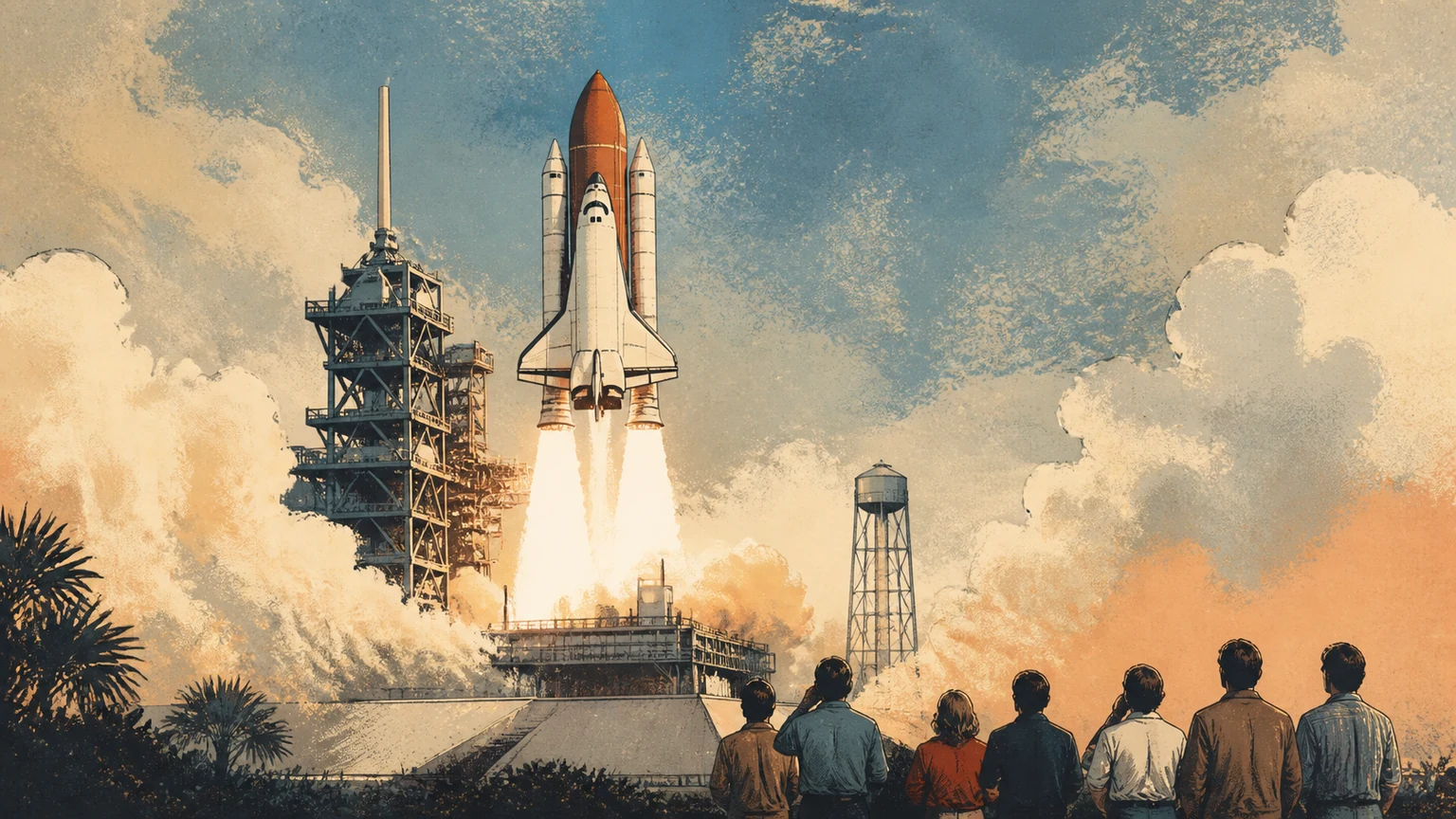 A space shuttle lifting through pale clouds above a launch pad, seen in a restrained vintage editorial style.