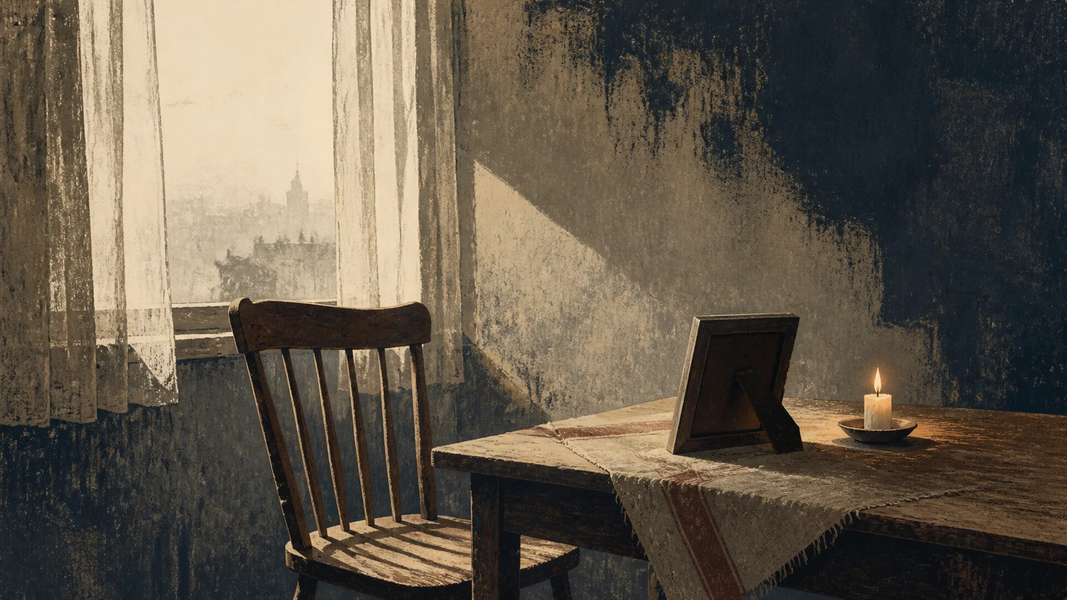 An empty chair beside a table set with a single photograph and a small candle in subdued morning light.