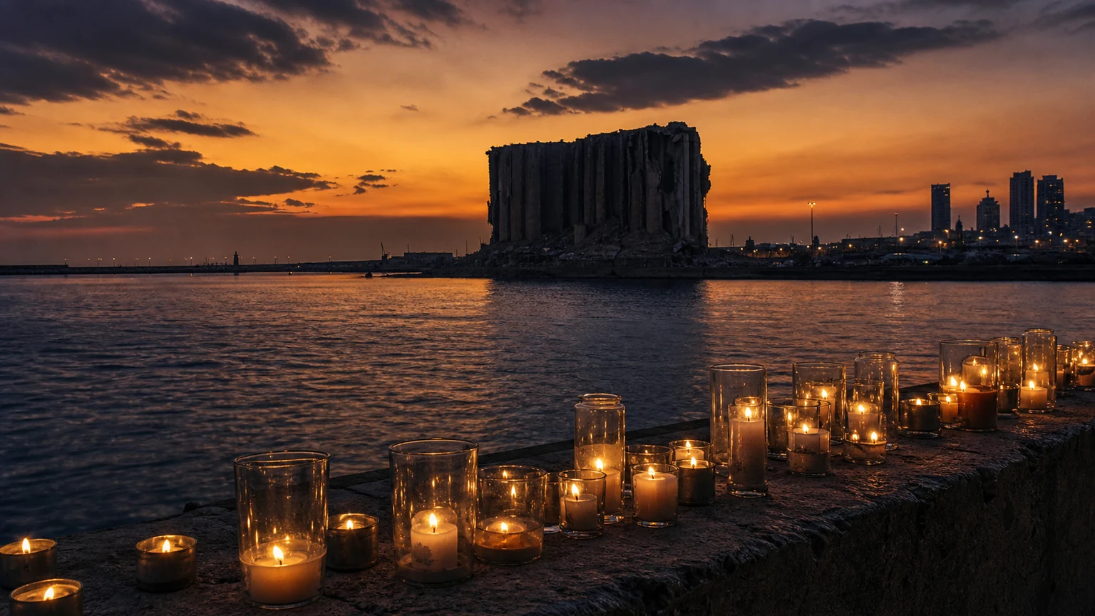 Restrained editorial illustration of Beirut’s waterfront at dusk with damaged grain silos in silhouette, candles along a stone ledge, calm sea, and no people or text.