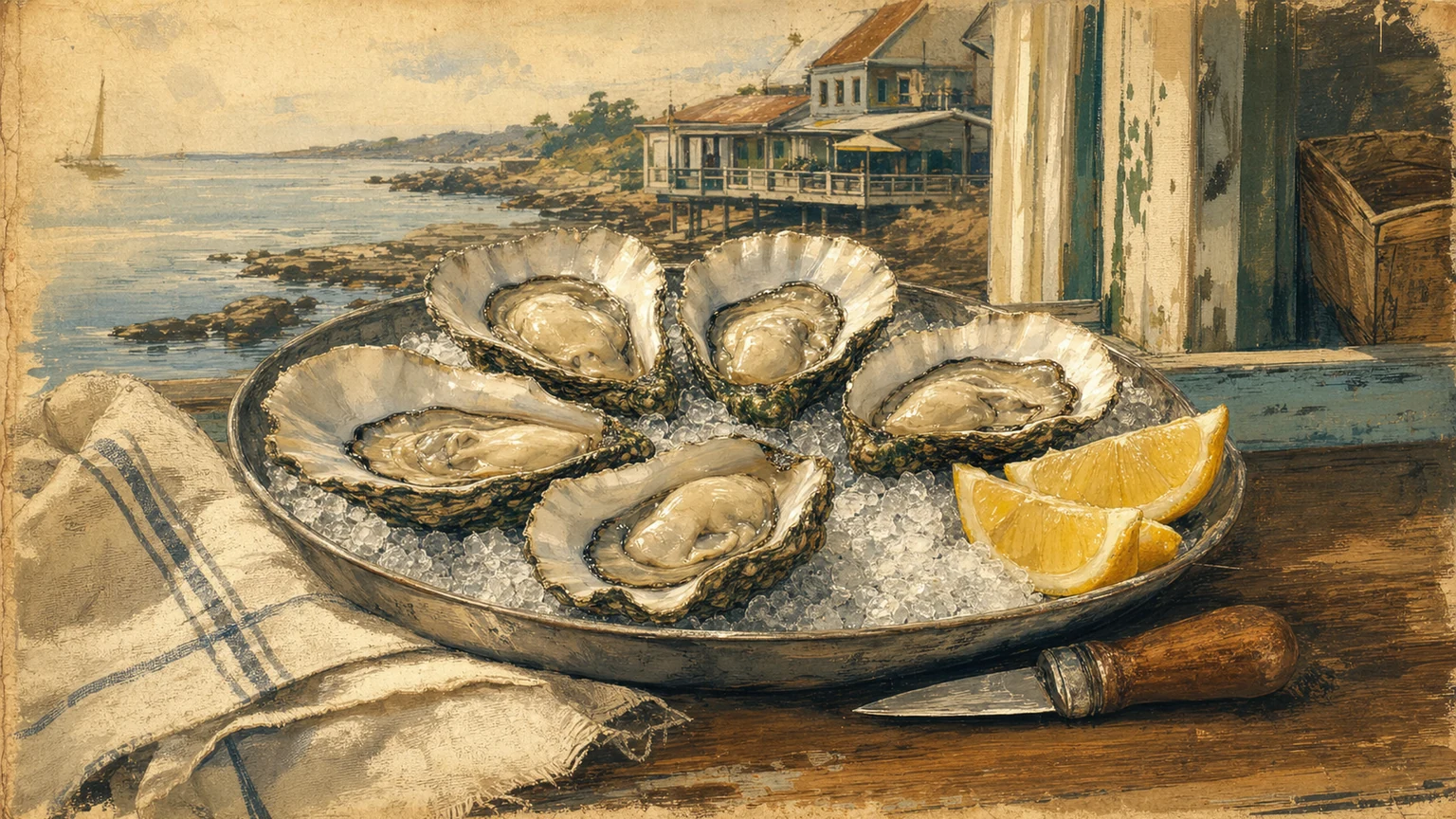 Warm vintage newspaper-style still life of oysters on crushed ice at a coastal counter with lemon wedges, a shucking knife, linen napkin, and no menus, logos, or text.