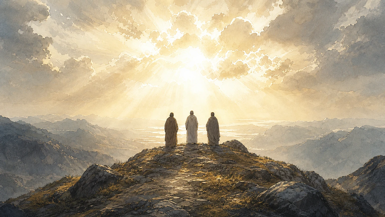 Luminous but restrained icon-inspired editorial landscape of three small figures on a mountain ridge beneath a radiant cloud, rendered without faces, halos, crosses, or text.