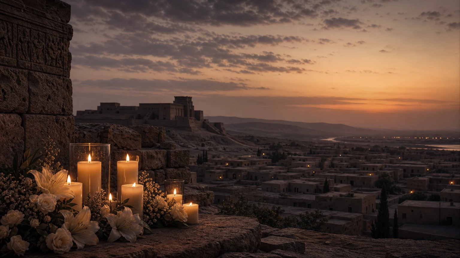 Restrained memorial illustration of candles and white flowers on stone beside an ancient Mesopotamian landscape at dusk, with distant village rooftops and no bodies, flags, symbols, or text.