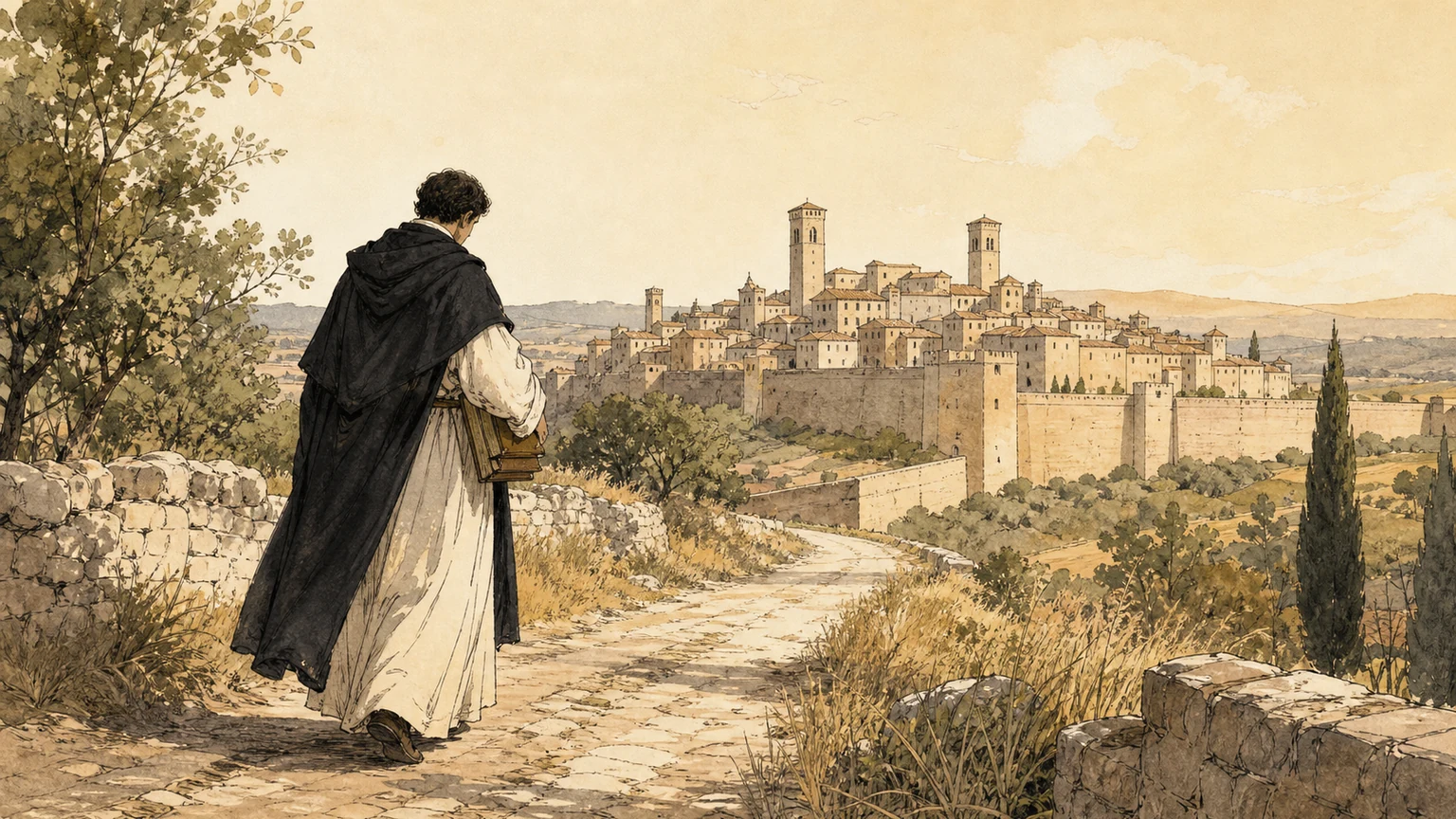 Medieval-inspired editorial illustration of a traveling friar in a simple black-and-white habit walking a sunlit road toward a distant stone town.