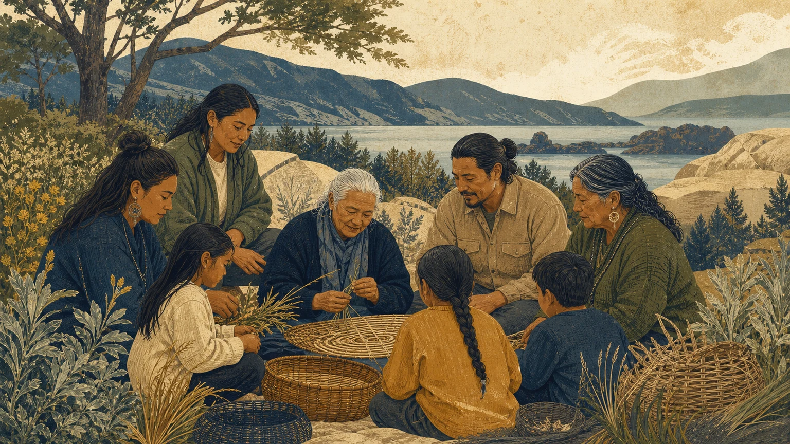 Editorial illustration of an intergenerational Indigenous community gathering outdoors around woven materials and native plants.