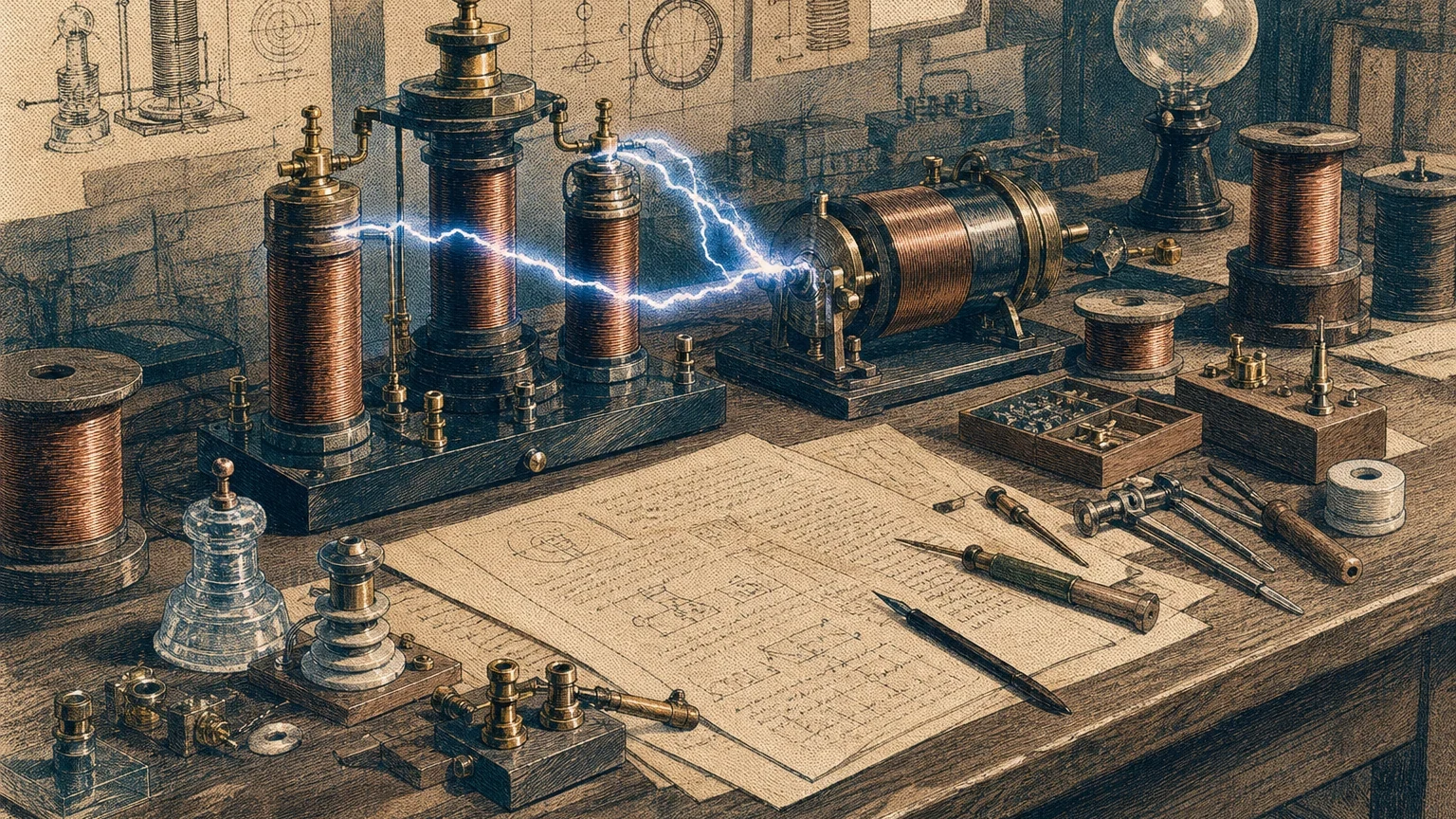 A late-nineteenth-century workbench with copper coils, glass insulators, and a blue-white electrical glow.