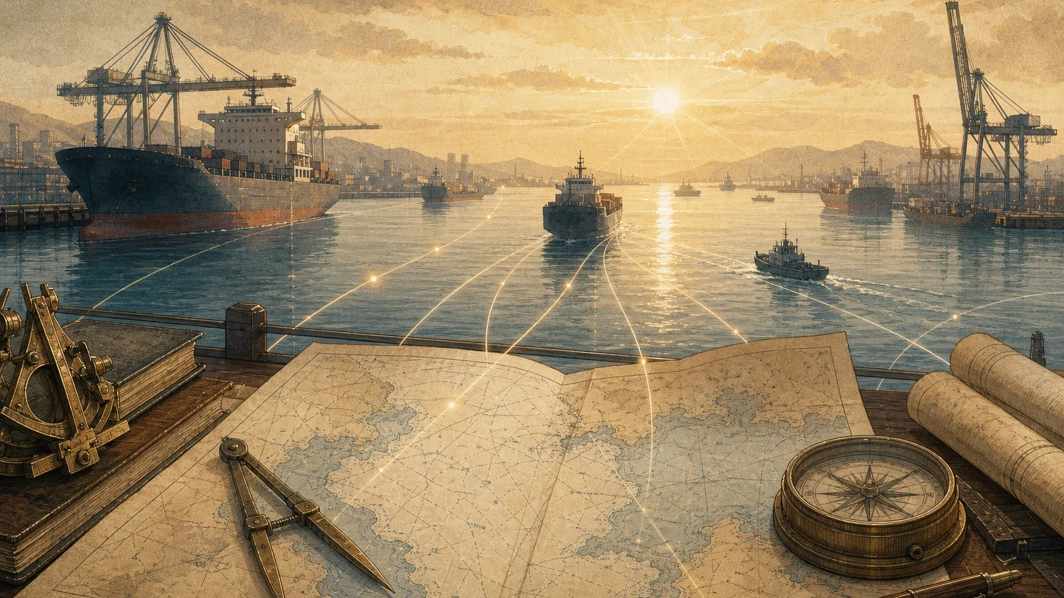 A morning harbor with cargo ships beyond a desk holding a navigation chart, rendered in a restrained newspaper palette.