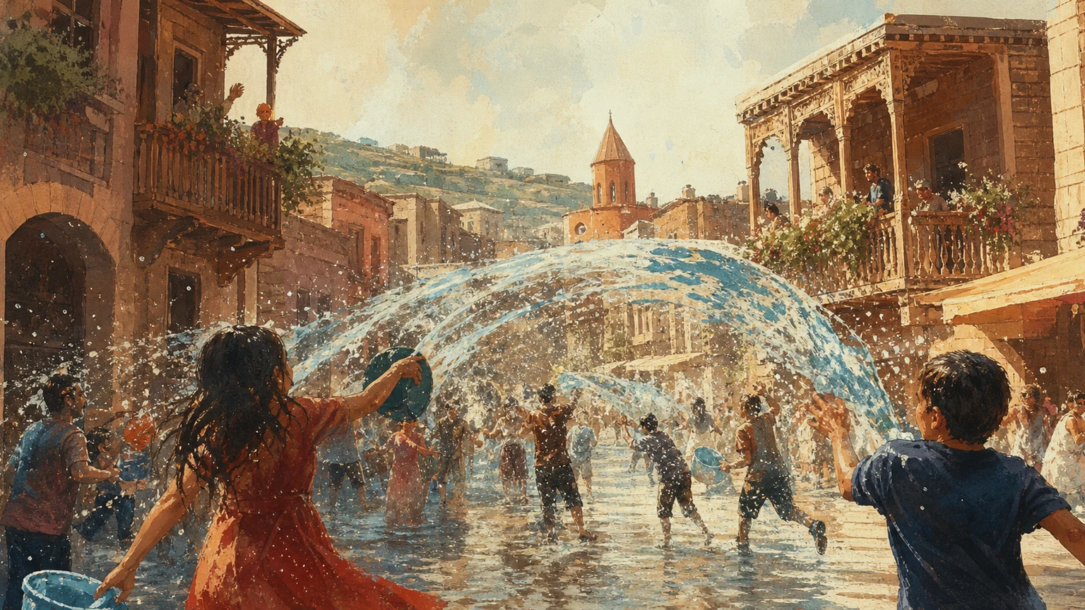 Illustrated Armenian summer street with arcs of blue water, warm stone, and festival silhouettes in a vintage newspaper palette.