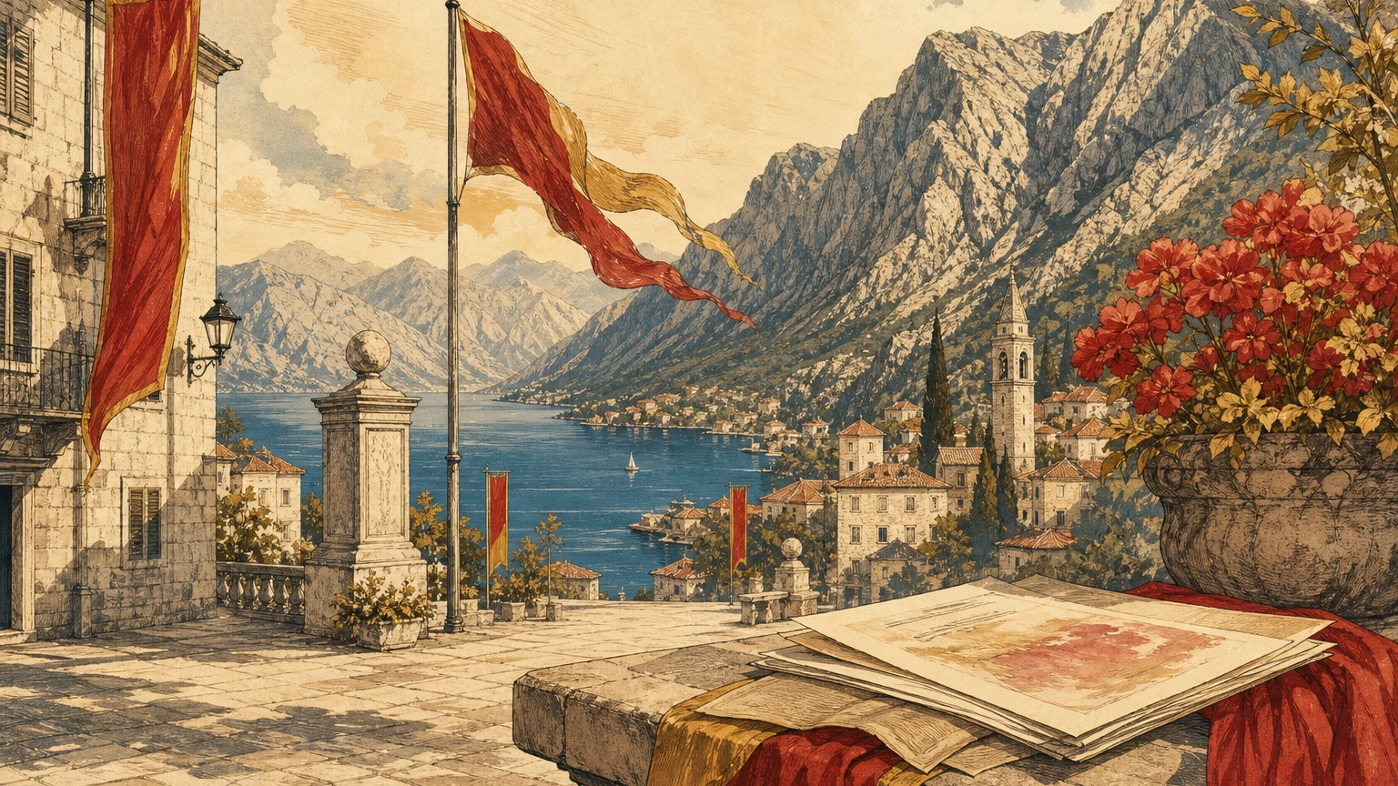 Illustrated Montenegrin stone square beneath mountains and Adriatic light, with civic papers and flag colors suggested abstractly.