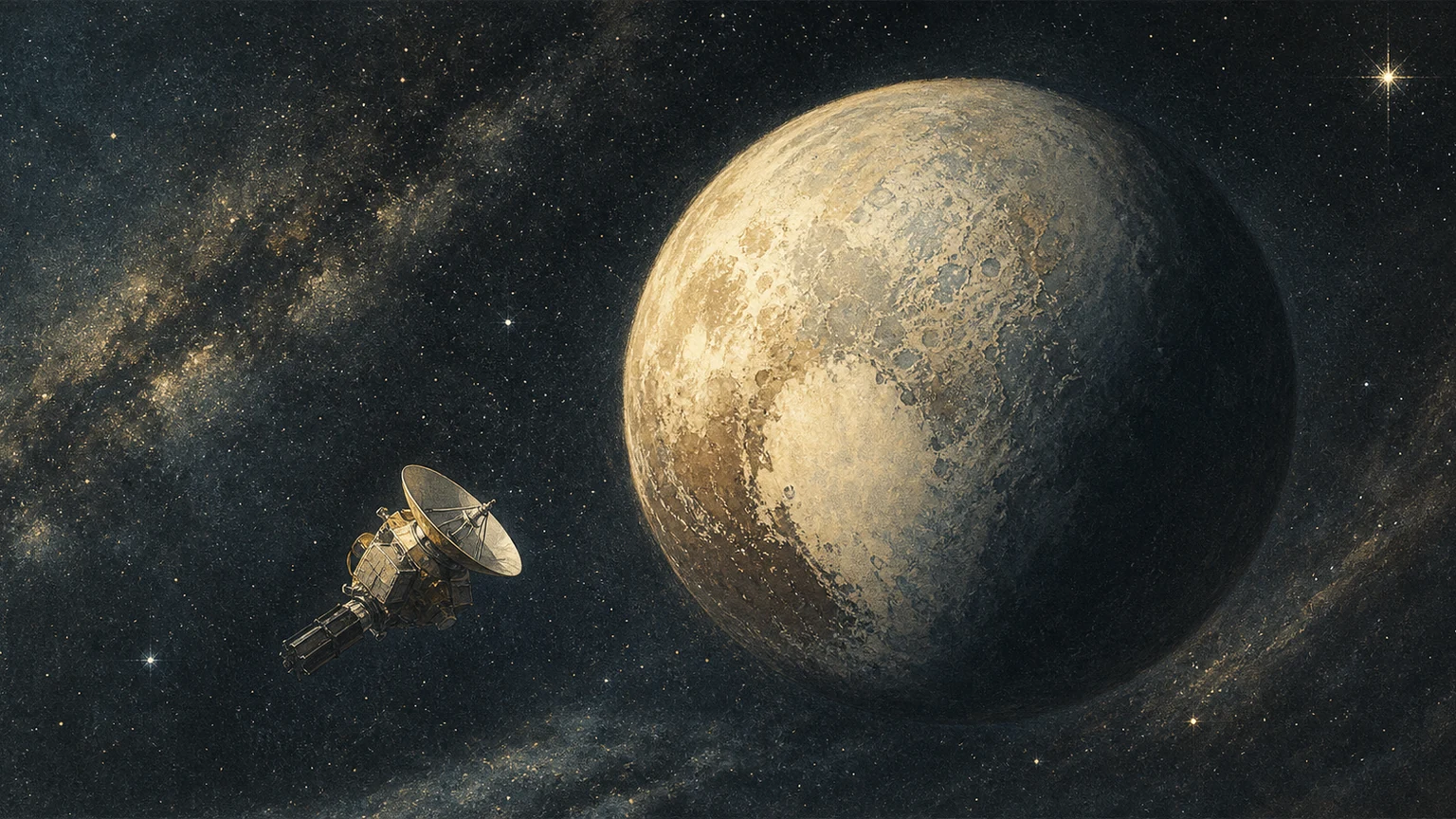 Illustrated New Horizons spacecraft passing a small icy Pluto beneath a deep star field, rendered in a vintage science palette.