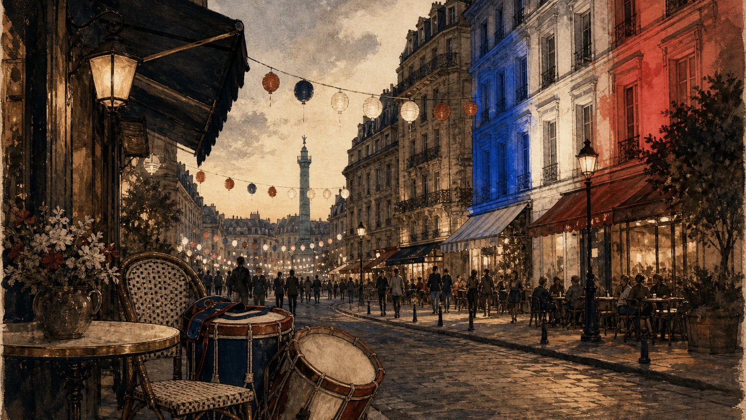 Illustrated French civic street at dusk with tricolor light, drums, lanterns, and a celebratory Bastille Day atmosphere.