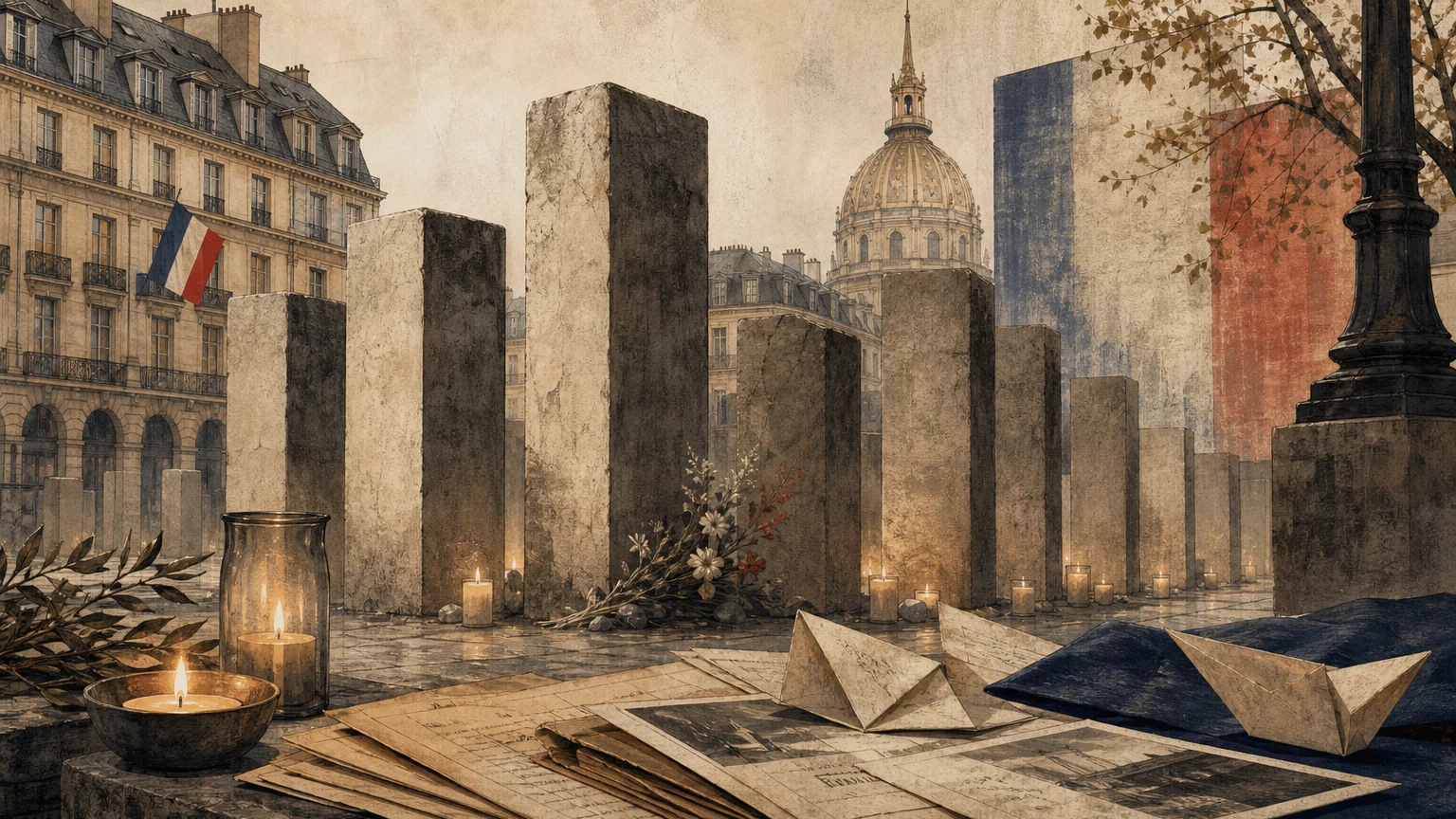 Quiet illustrated French memorial setting with candlelight, stone markers, and folded records in a muted newspaper palette.