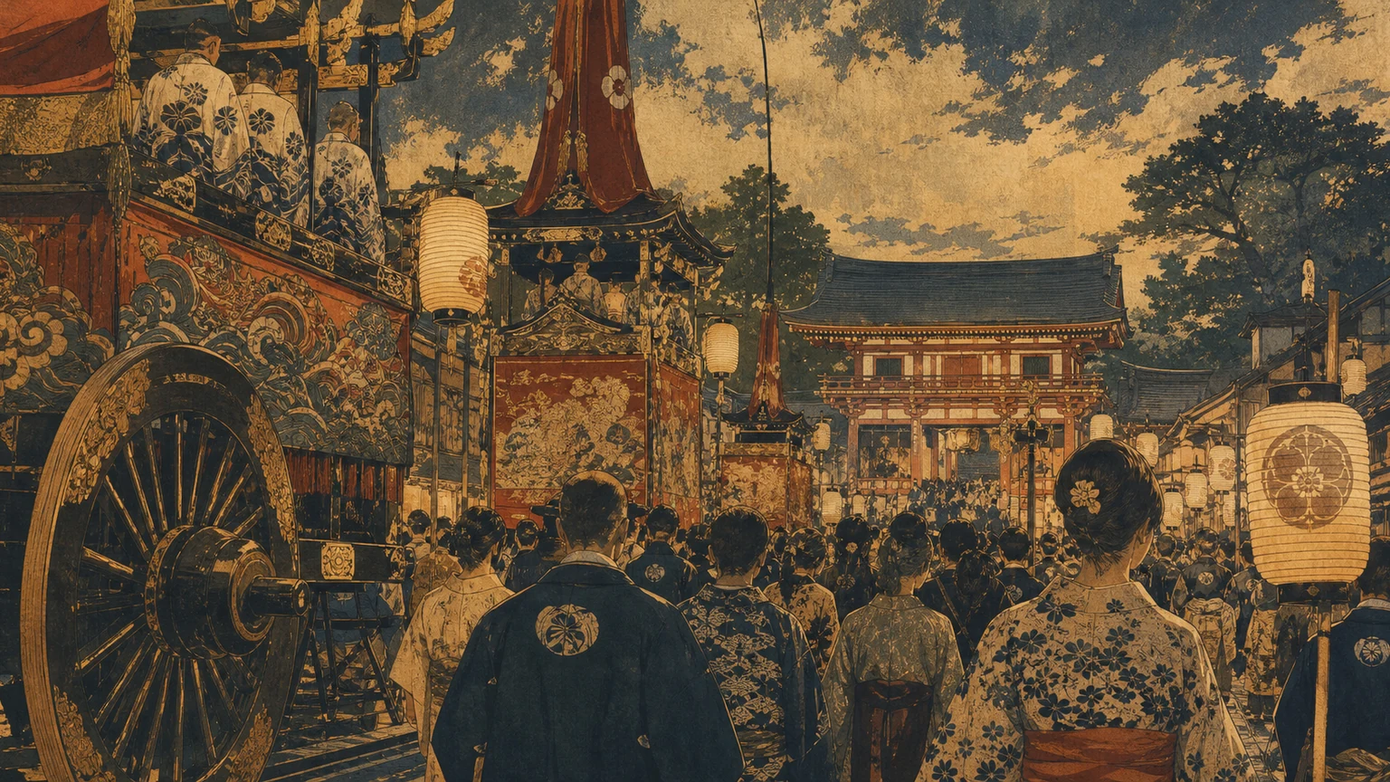 Illustrated Kyoto summer street with Gion Matsuri procession floats, lanterns, woodwork, and fabric in a vintage newspaper palette.