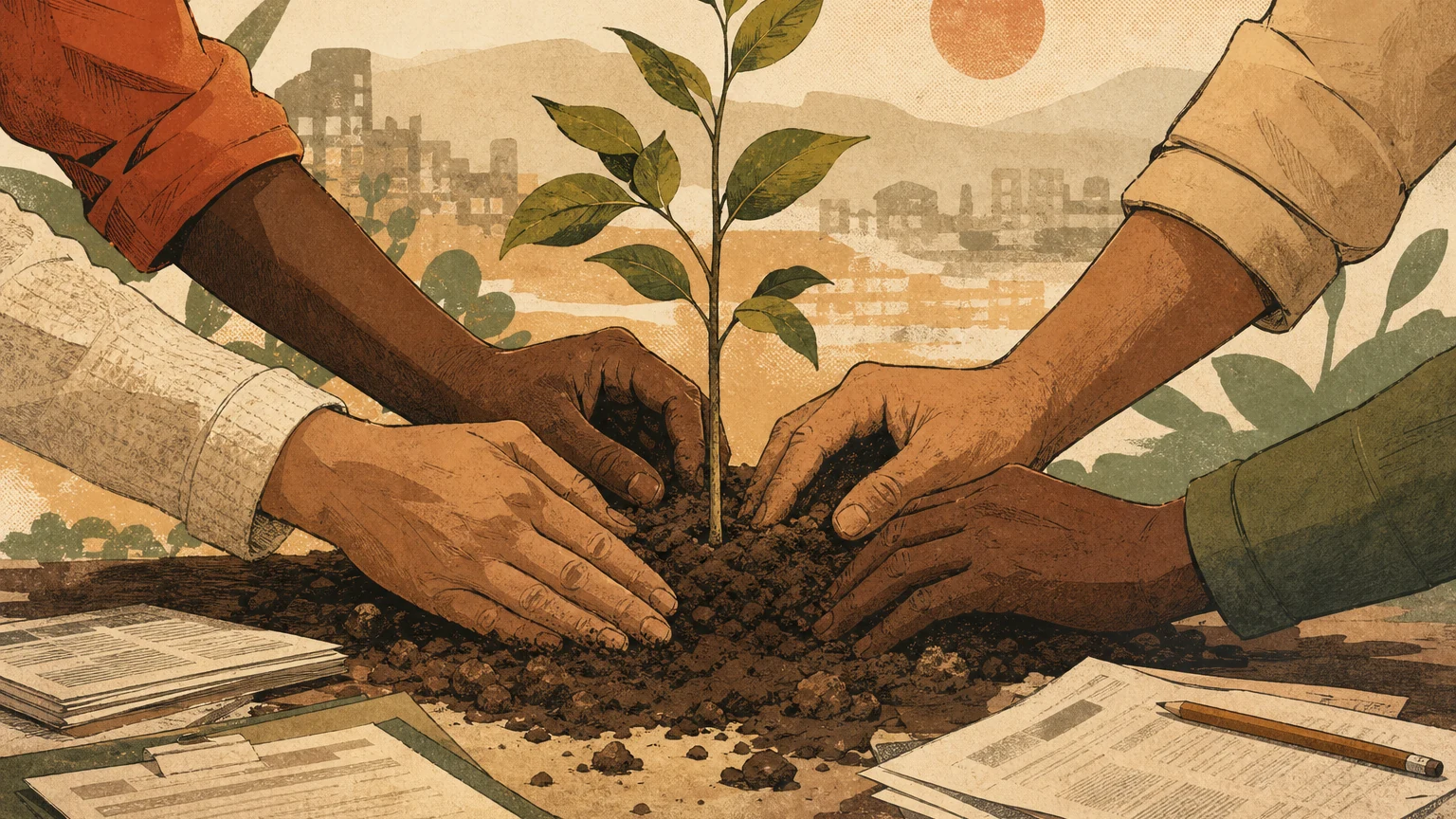 Illustrated public-service memorial scene with hands planting a small tree beside civic papers, warm restrained light, no portrait likeness.