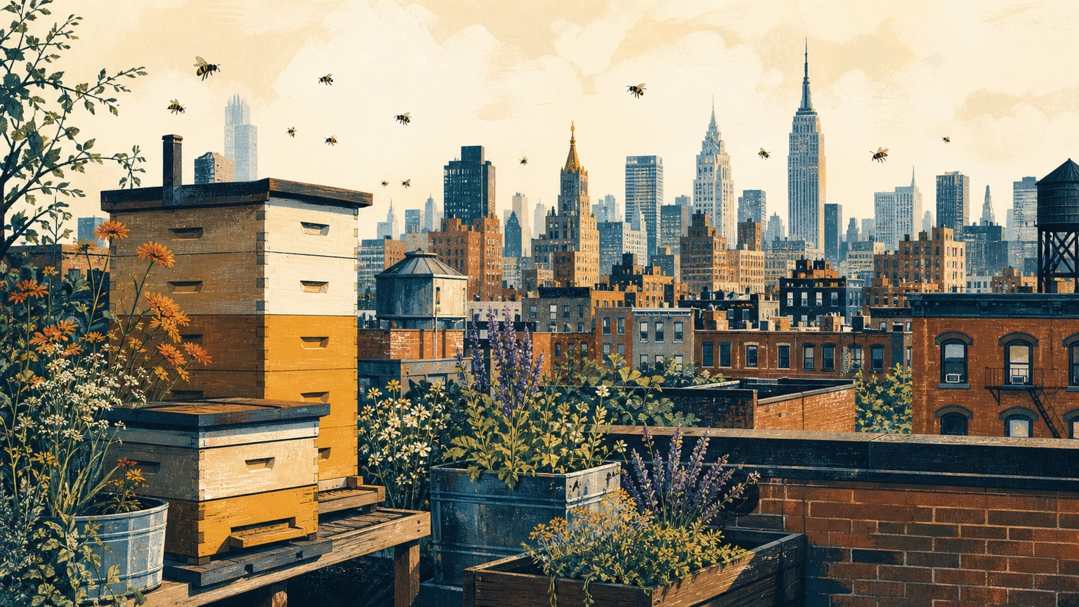 Illustrated rooftop beehives among brick buildings and summer planters, with bees crossing a warm city skyline.