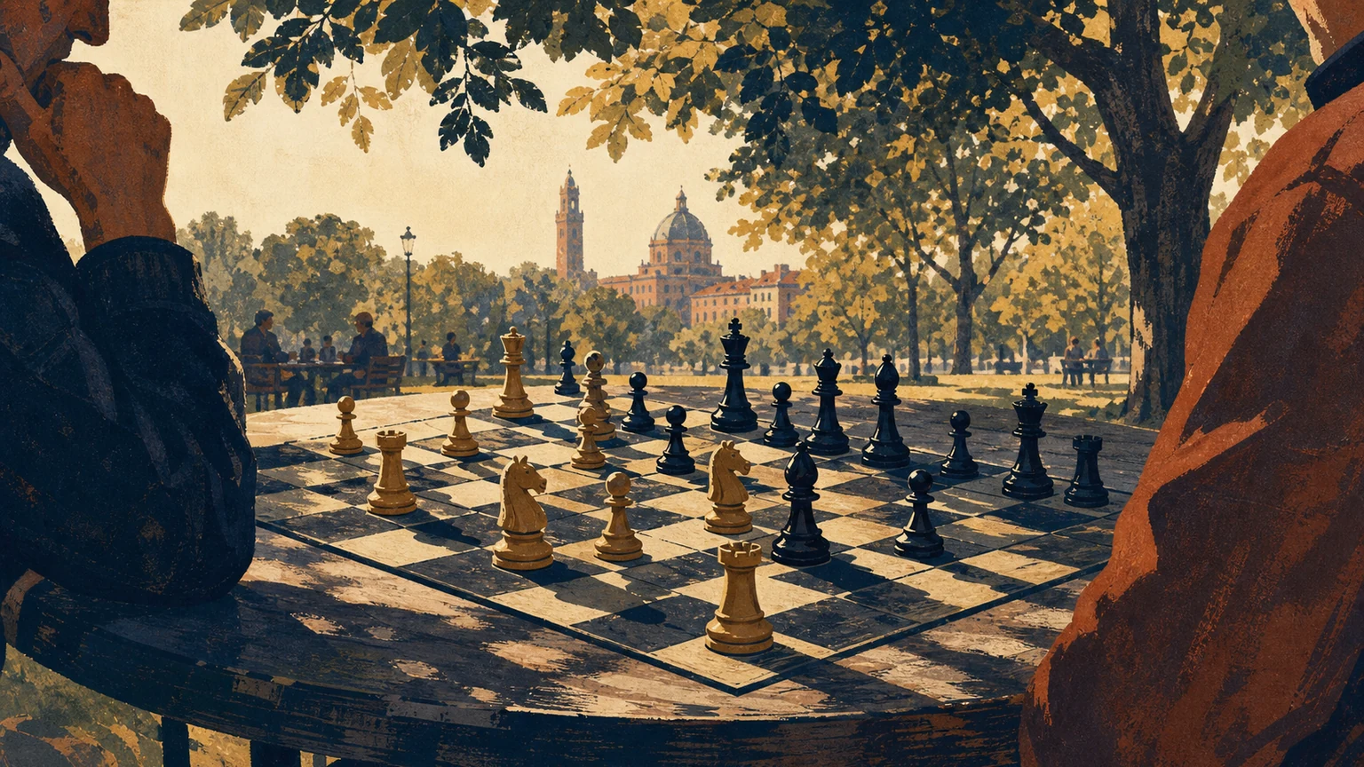 Illustrated chessboard on a shaded public table, midgame pieces casting long summer shadows in a vintage newspaper palette.