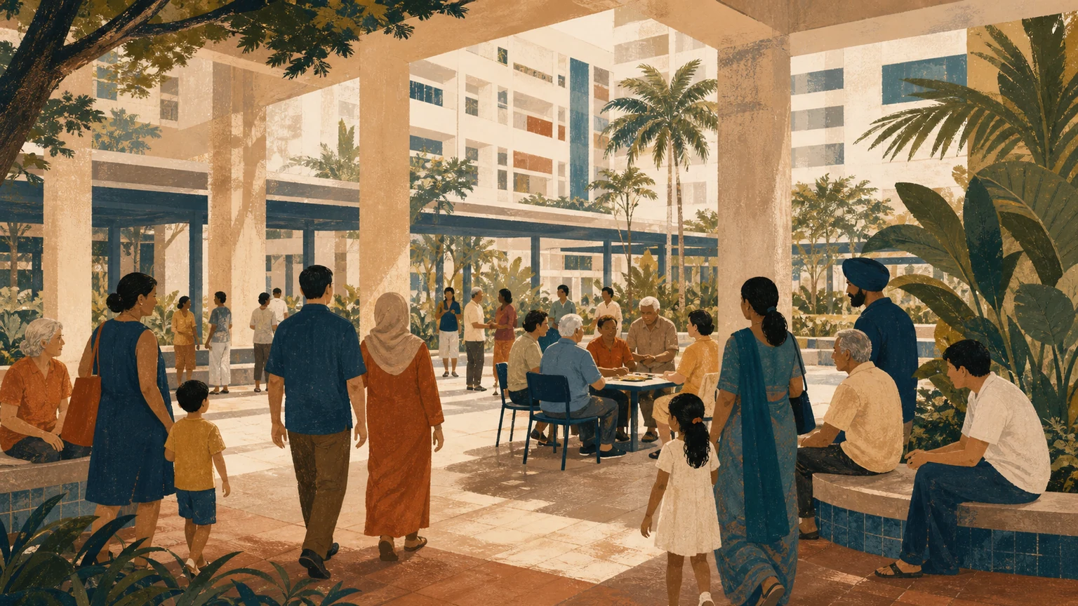 Illustrated Singapore neighborhood gathering with diverse figures sharing a shaded civic courtyard, rendered without identifiable faces.