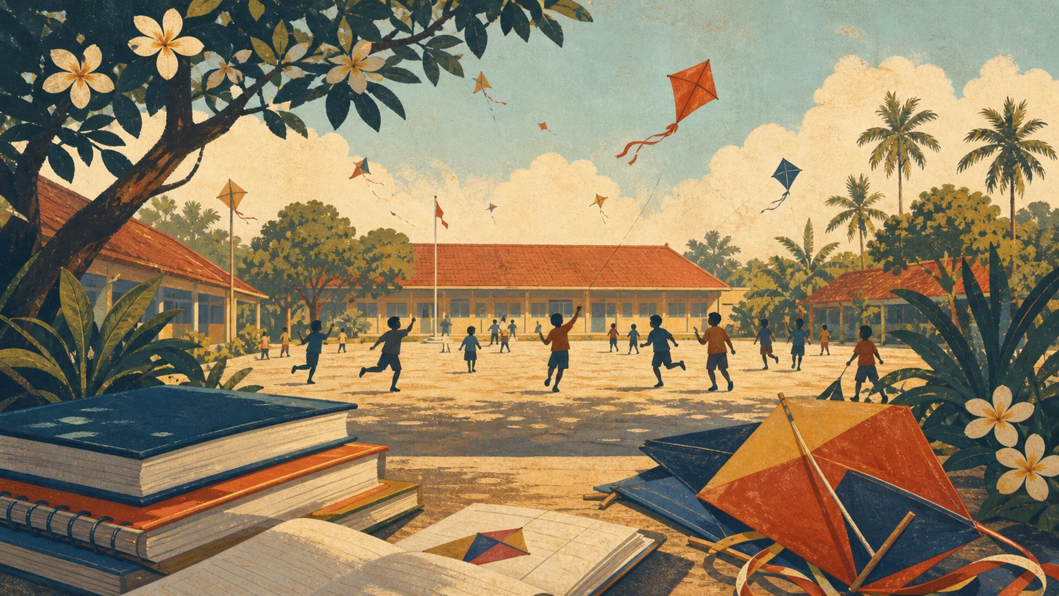 Illustrated Indonesian school courtyard at child height with books, kites, trees, and children shown as lively distant silhouettes.