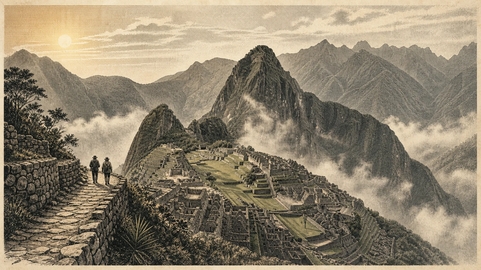 Editorial illustration of Machu Picchu terraces emerging through Andean morning mist, with two tiny travelers on a path and no readable text.