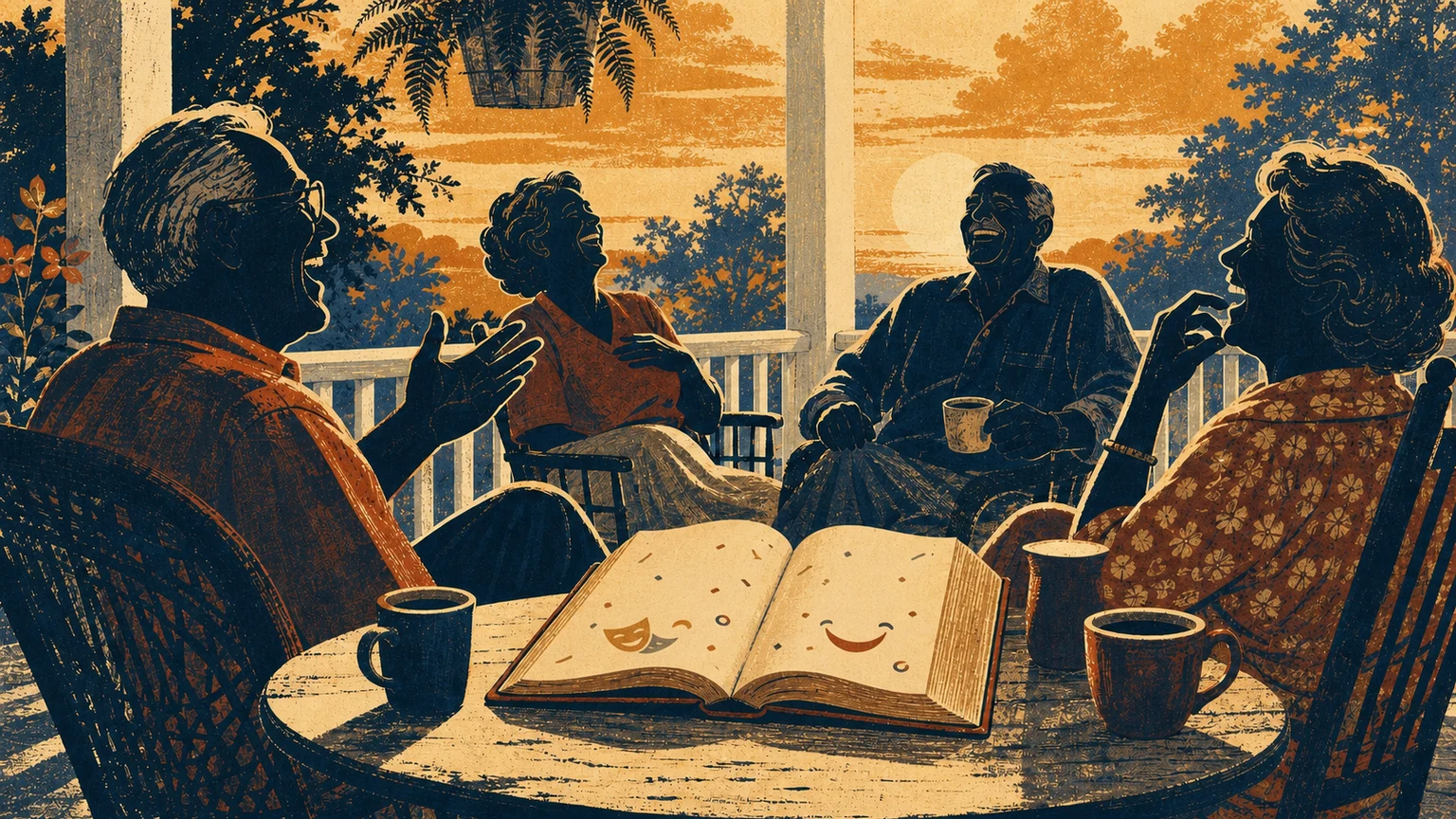 Illustrated summer porch gathering with an open joke book, coffee cups, and laughing figures rendered as loose silhouettes.