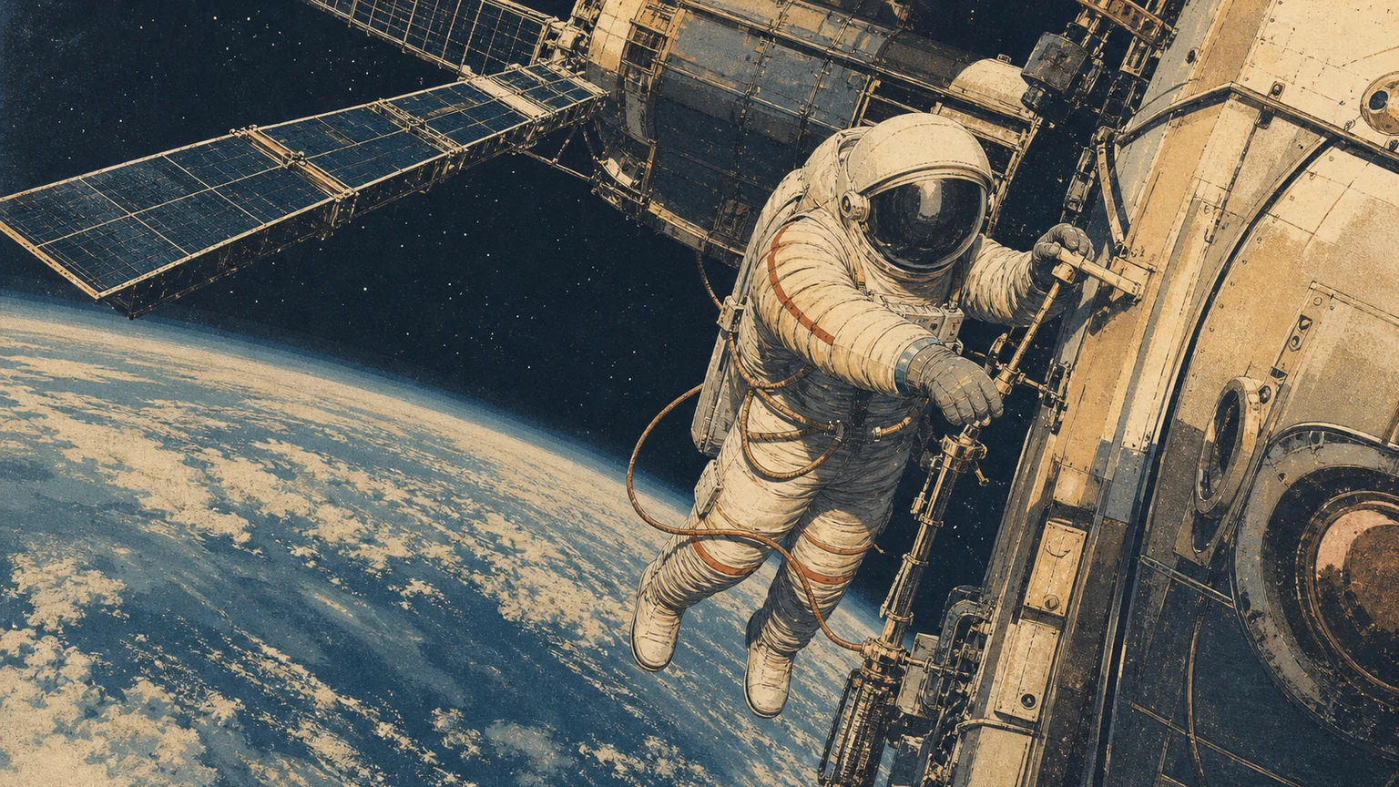 Illustrated cosmonaut working outside a Soviet-era orbital station above Earth, shown without identifiable facial likeness or insignia.