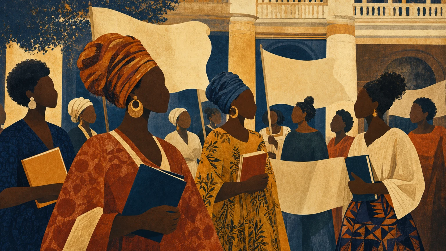 Illustrated gathering of Afro-descendant women in a civic courtyard, shown as varied dignified silhouettes with books, banners without text, and warm light.