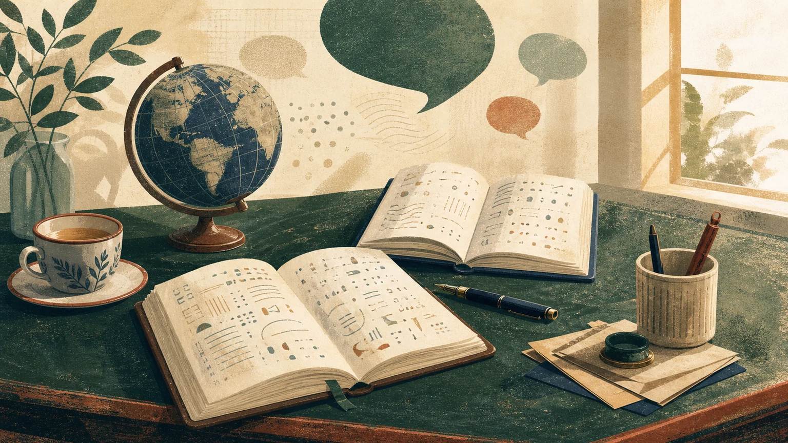 Illustrated correspondence desk with two open notebooks, a globe, green accents, and speech marks without readable text.