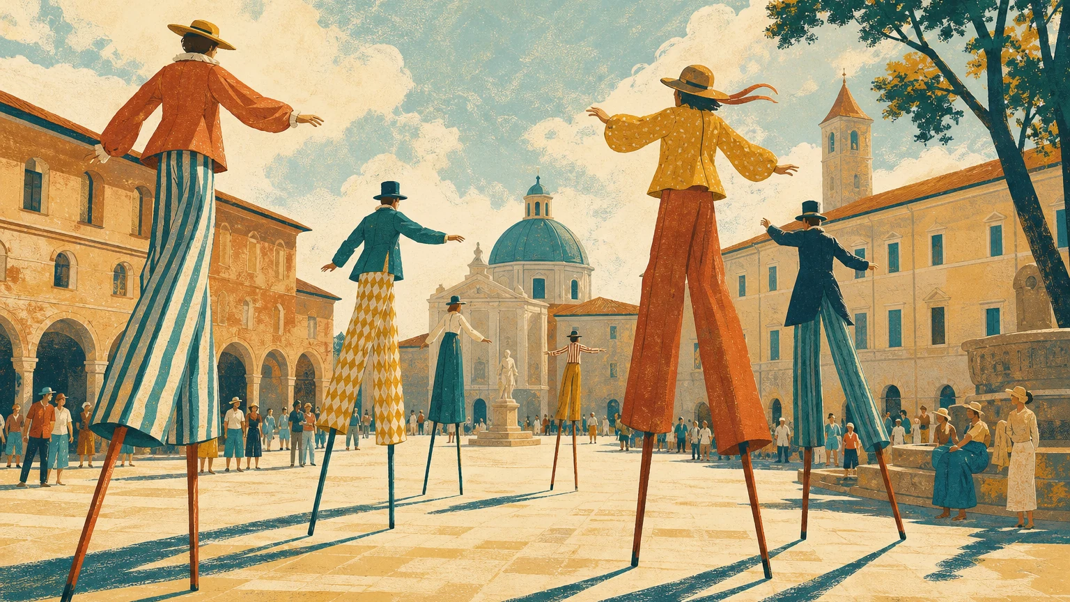 Illustrated stilt walkers crossing a summer town square, shown as anonymous figures with long shadows and no readable text.