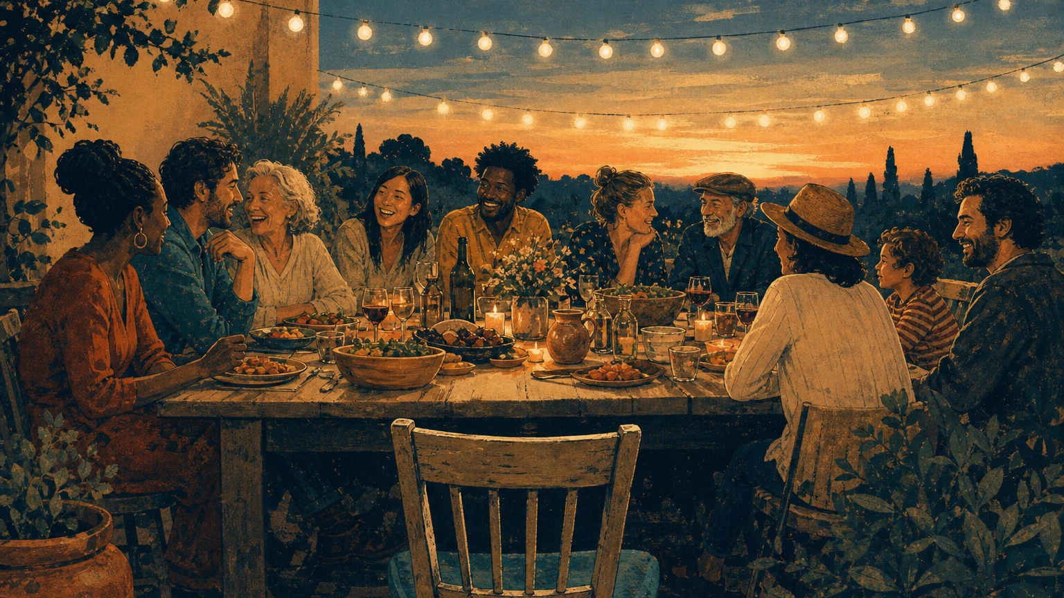 Illustrated long outdoor table where friends of varied ages share food at dusk, shown without readable text or logos.