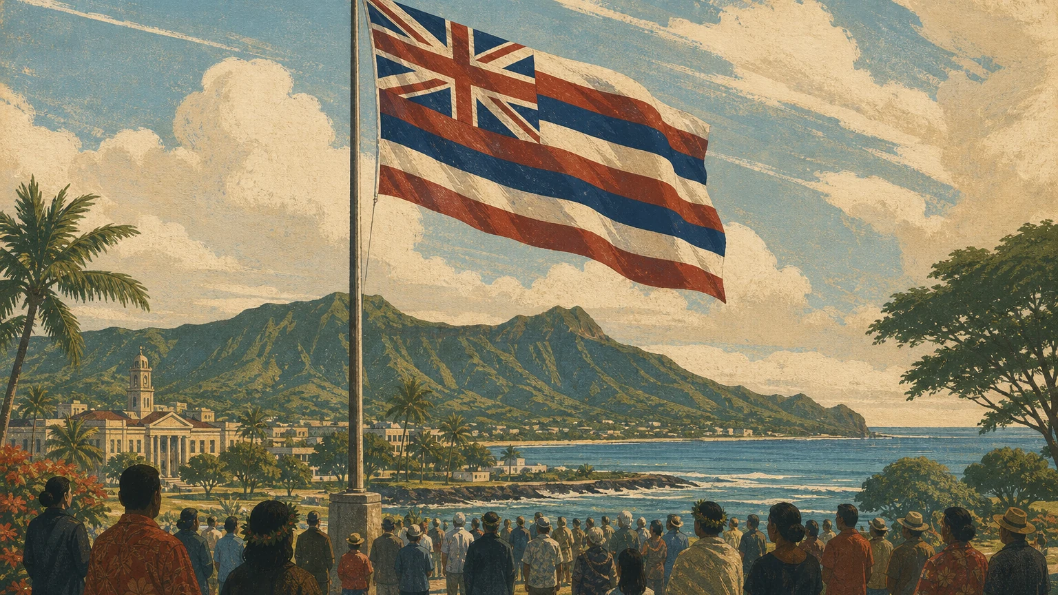Illustrated Hawaiian flag moving in trade winds above a coastal civic gathering, with no readable text or modern logos.